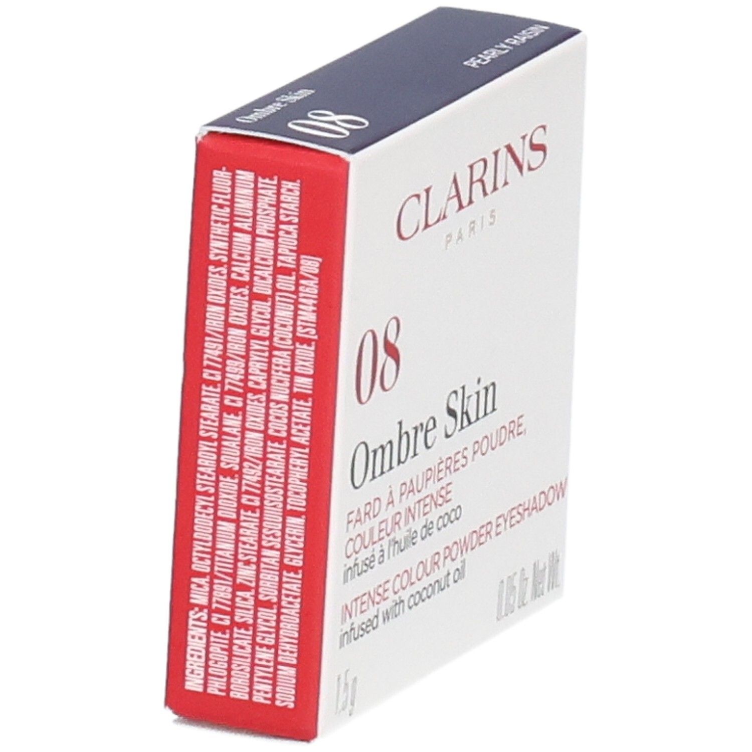 Ombre Skin Clarins ombretto, colore 08 Pearly Raisin, retro con ingredienti.