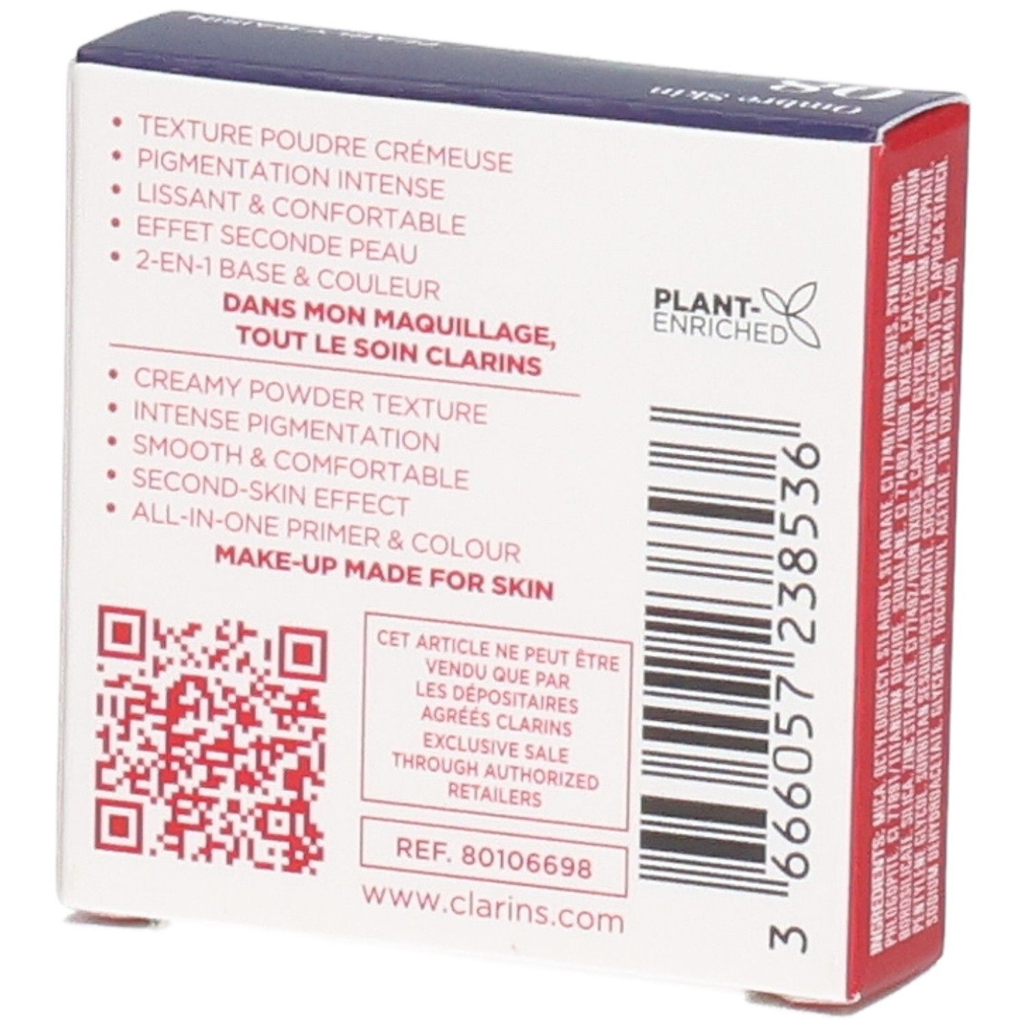 Ombre Skin Clarins ombretto, colore 08 Pearly Raisin, retro con caratteristiche prodotto.