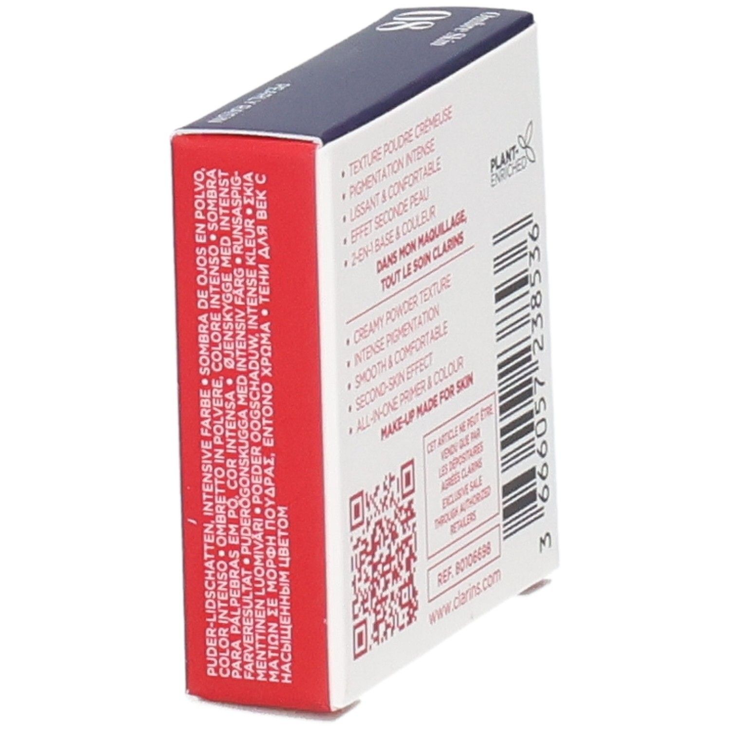 Ombre Skin Clarins ombretto, colore 08 Pearly Raisin, lato con descrizione prodotto.