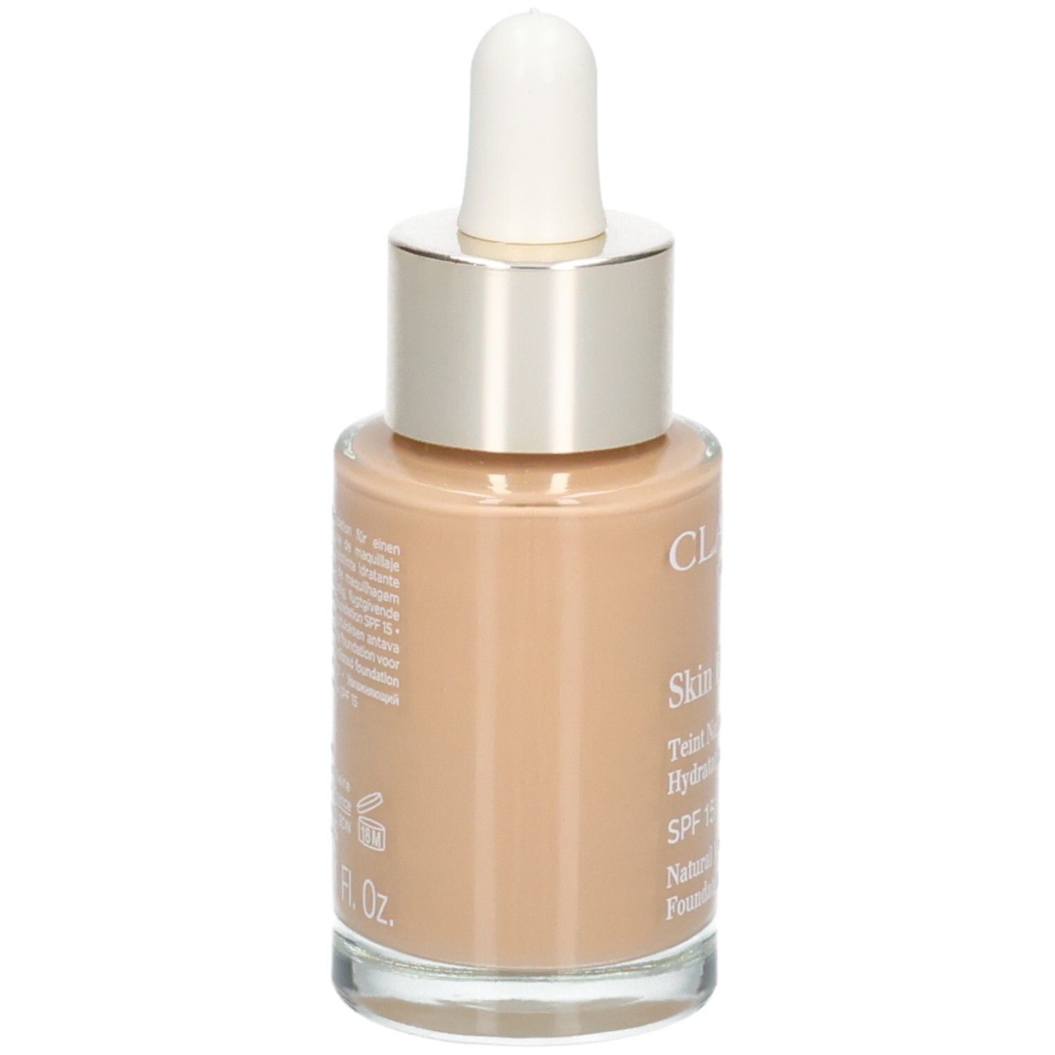 Clarins Skin Illusion Foundation, 112,3N. Retro del flacone in vetro con contagocce. SPF 15.
