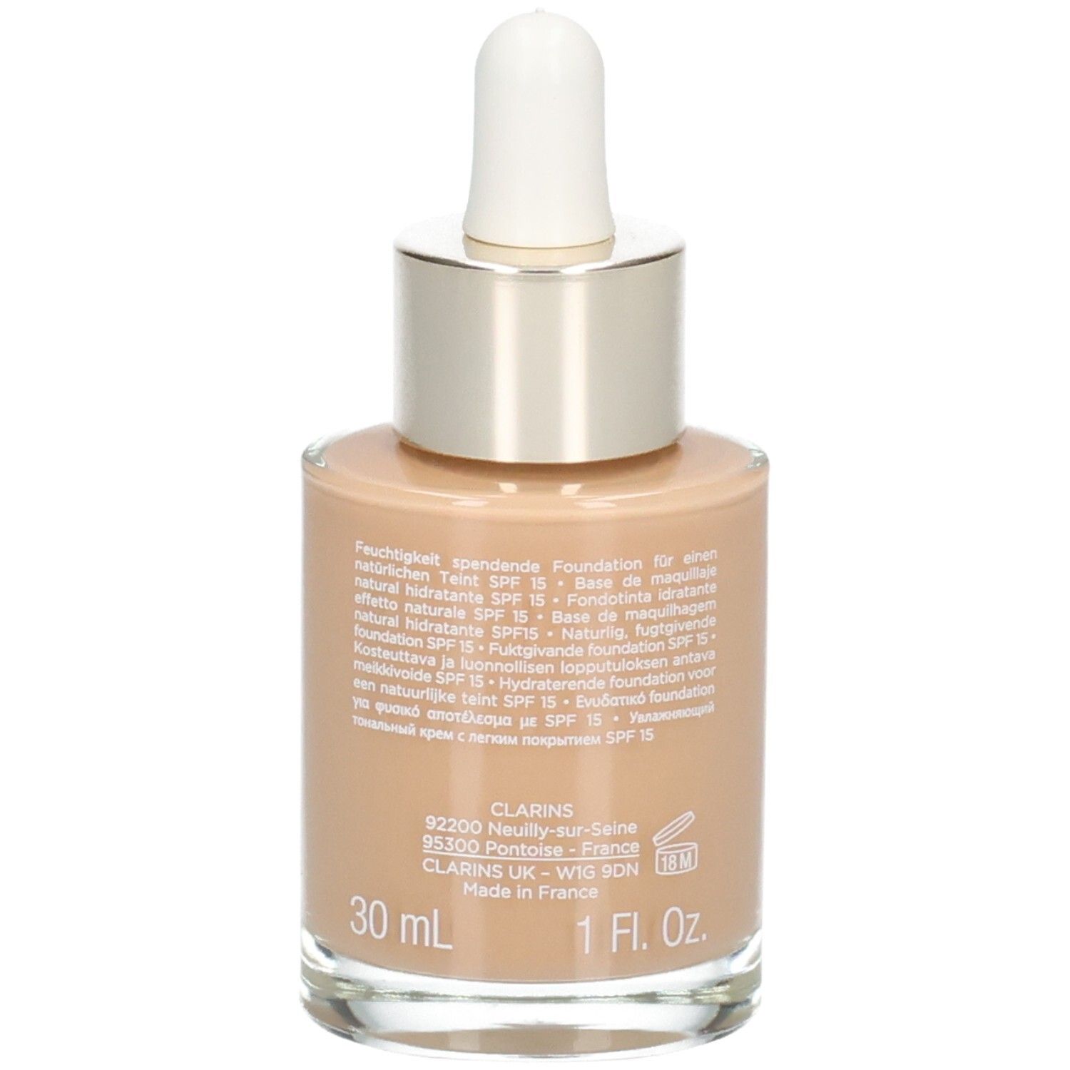 Clarins Skin Illusion Foundation, 112,3N. Flacone in vetro con contagocce, 30 ml. Prodotto in Francia.