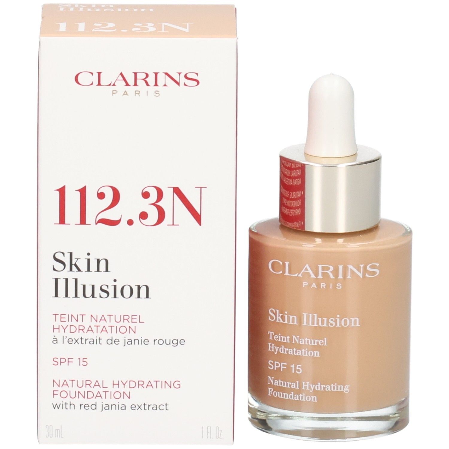 Clarins Skin Illusion Foundation, 112,3N. Prodotto e confezione. SPF 15.