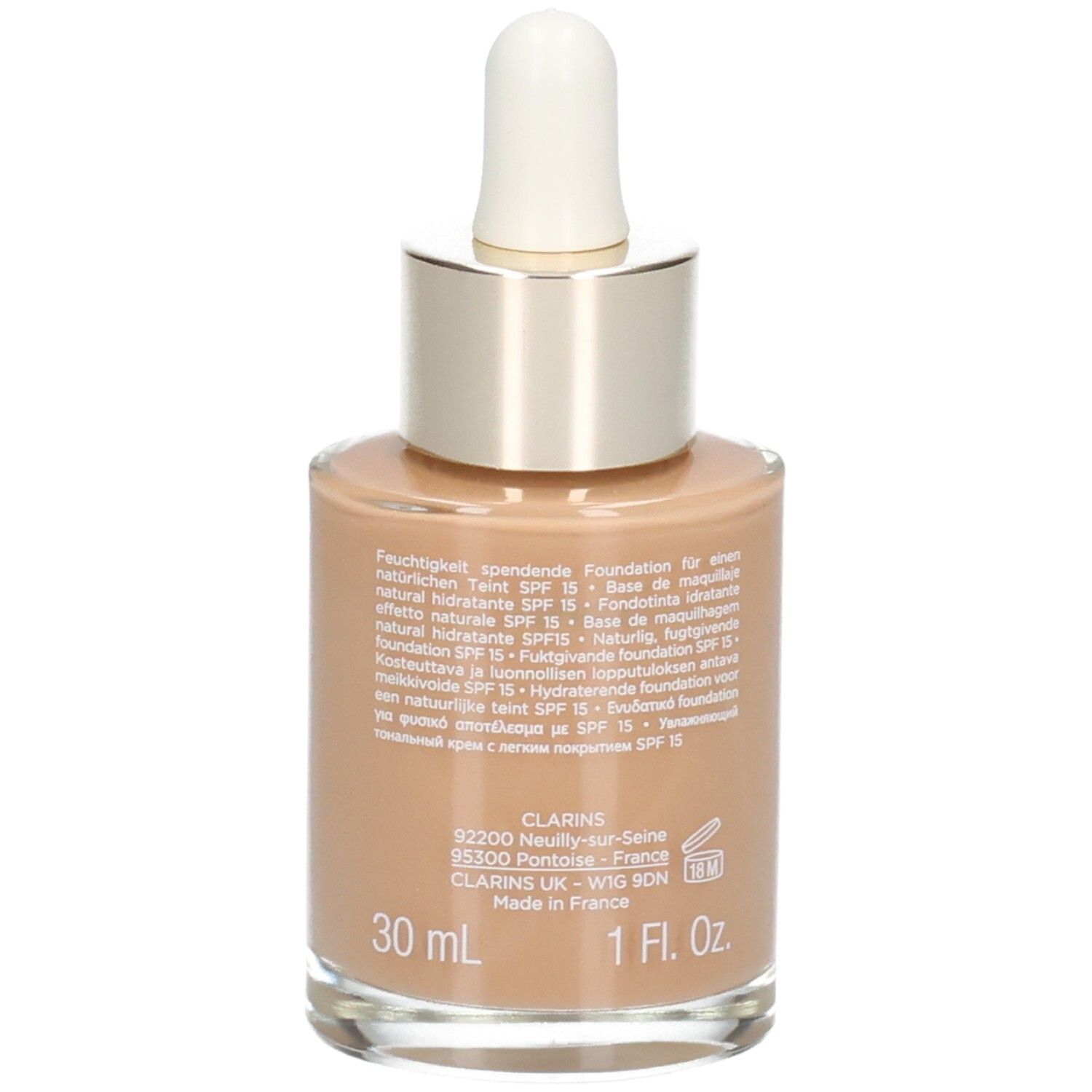 Fondotinta Clarins Skin Illusion, tonalità 114C Cappuccino, 30ml, Made in France.