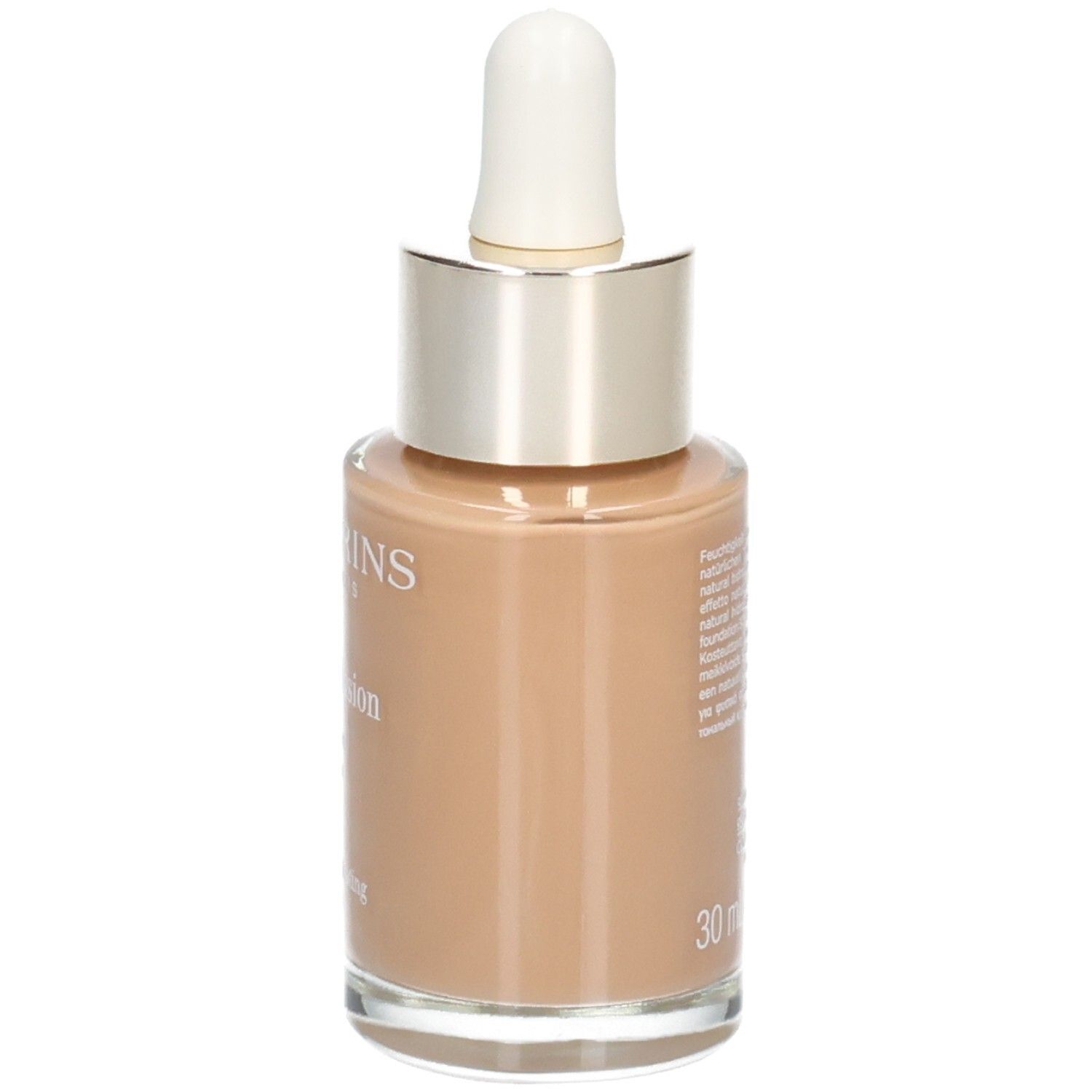 Fondotinta Clarins Skin Illusion, tonalità 114C Cappuccino, flacone in vetro con contagocce.