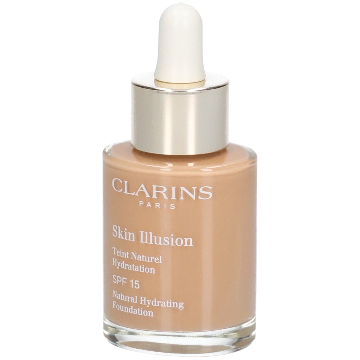 Fondotinta Clarins Skin Illusion, tonalità 114C Cappuccino, con contagocce.
