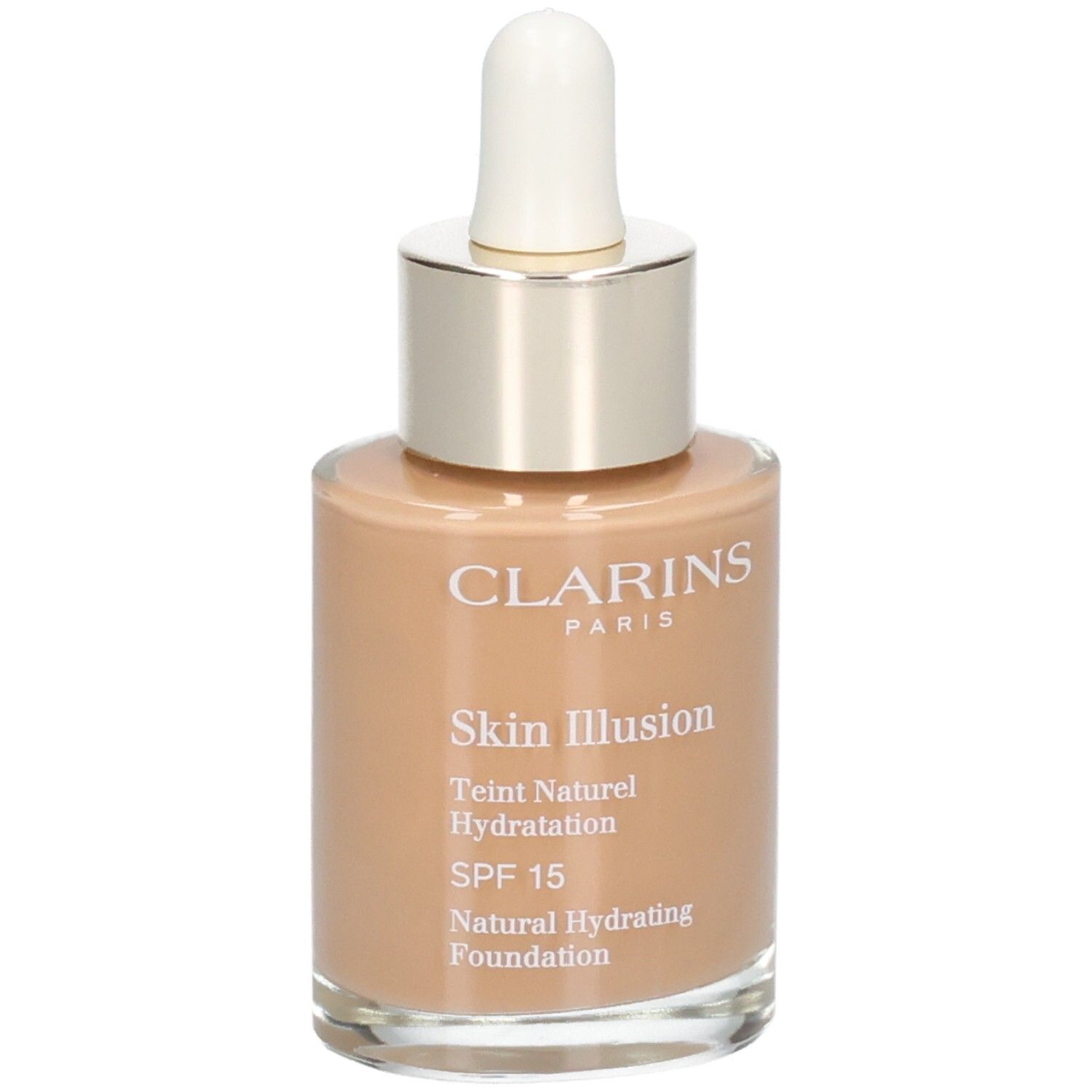 Fondotinta Clarins Skin Illusion, tonalità 114C Cappuccino, con contagocce.