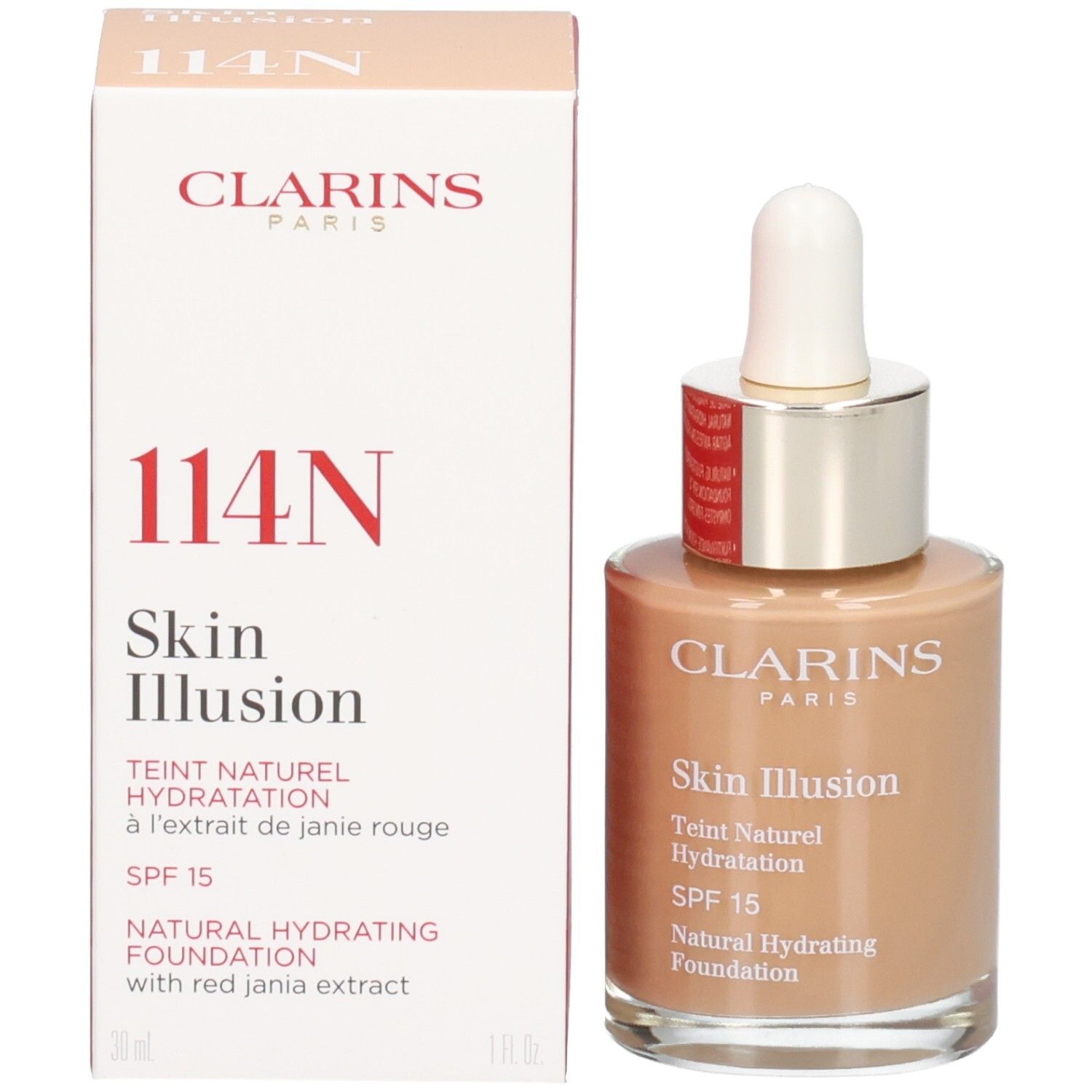Fondotinta Clarins Skin Illusion 114C Cappuccino e confezione esterna.