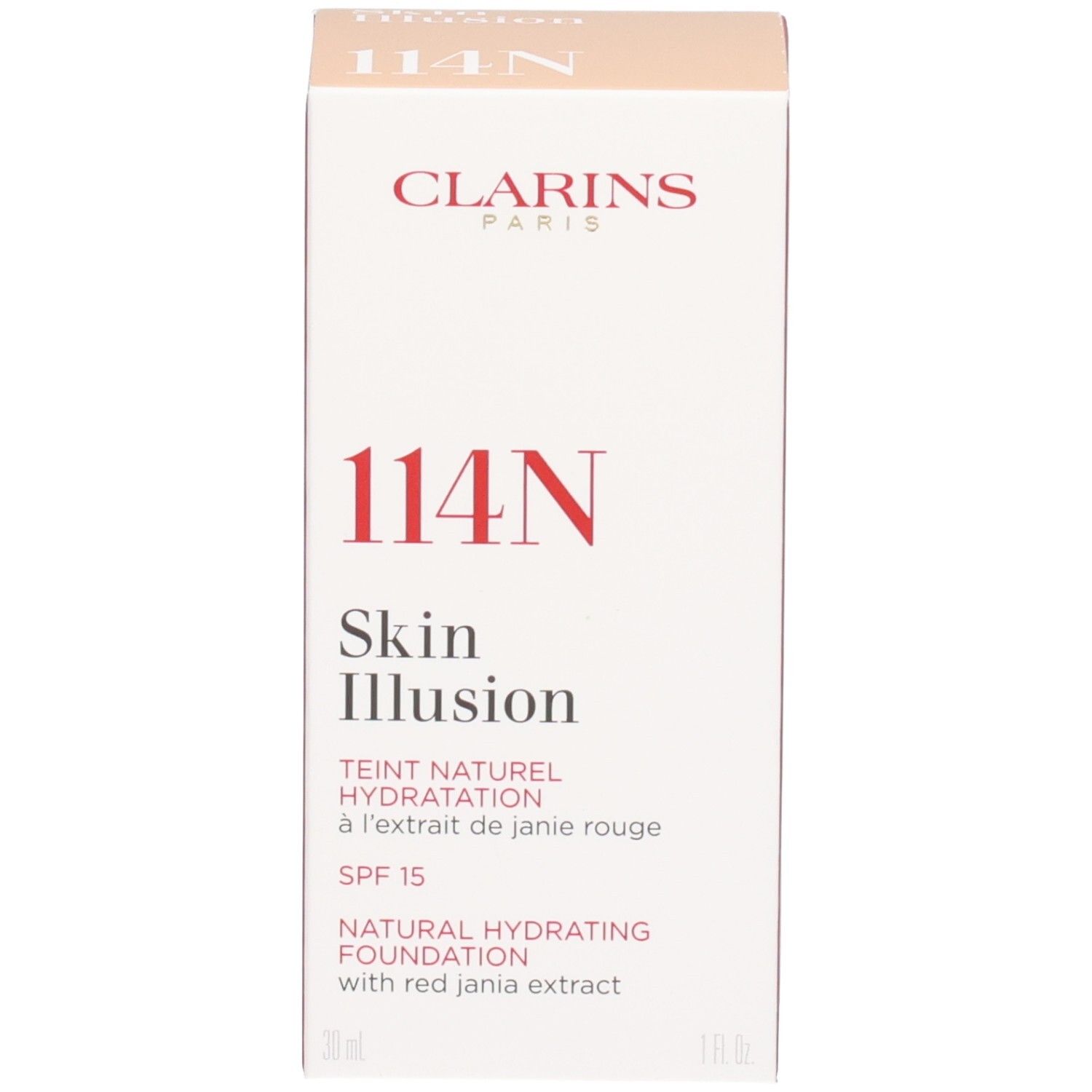Fondotinta Clarins Skin Illusion 114C Cappuccino e confezione esterna.