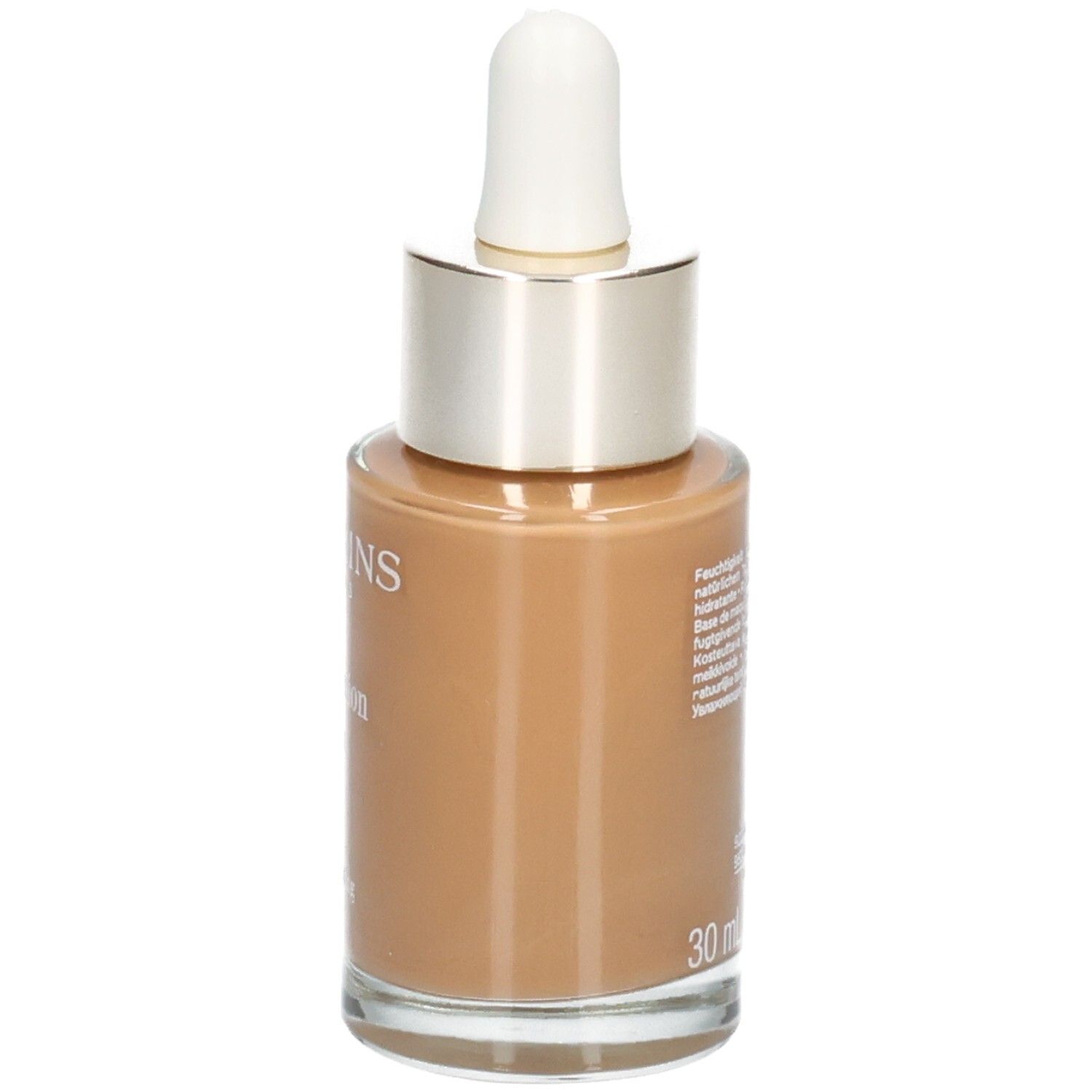 Clarins Skin Illusion Fondotinta, flacone vetro con contagocce, vista laterale, tonalità 116.5 Coffee.