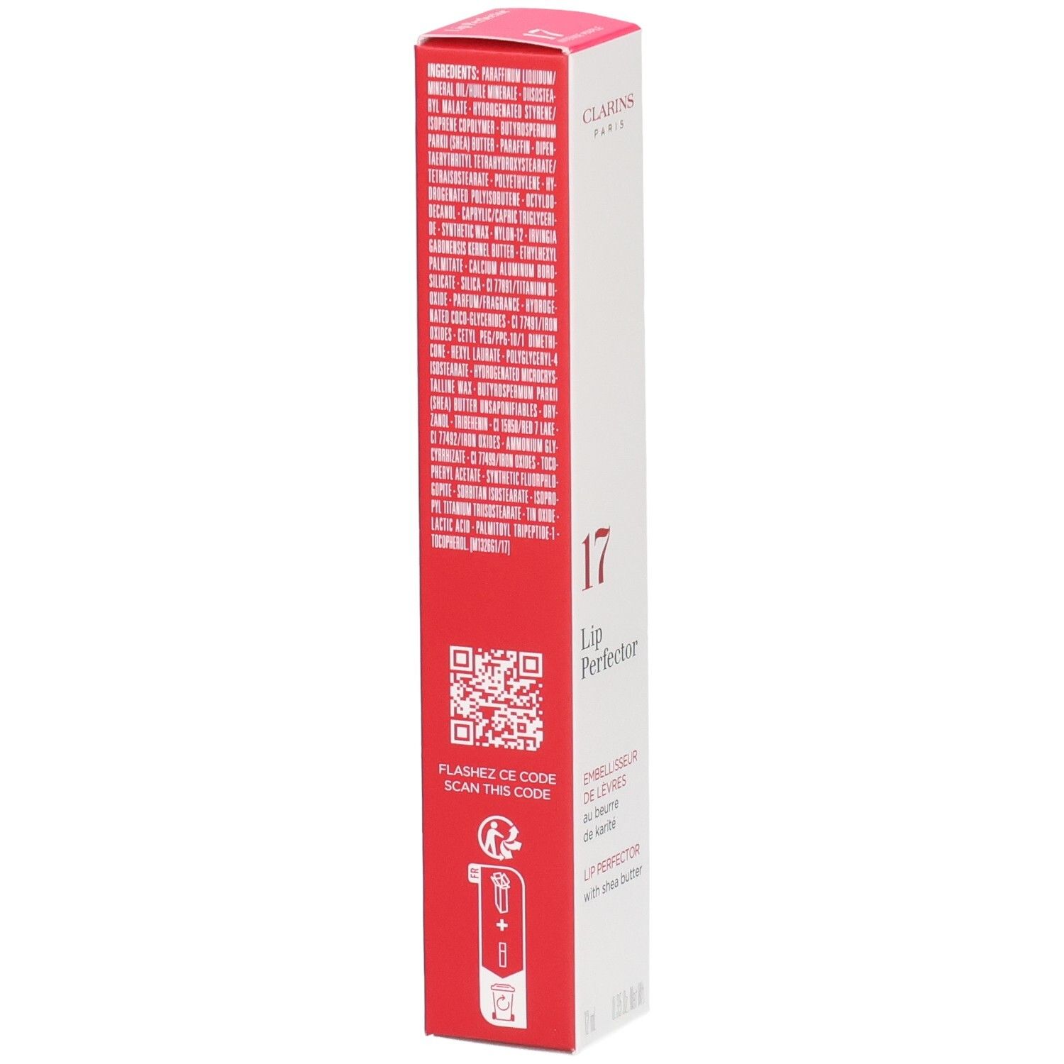 Confezione Clarins Lip Perfector 17 con elenco ingredienti e codice QR.