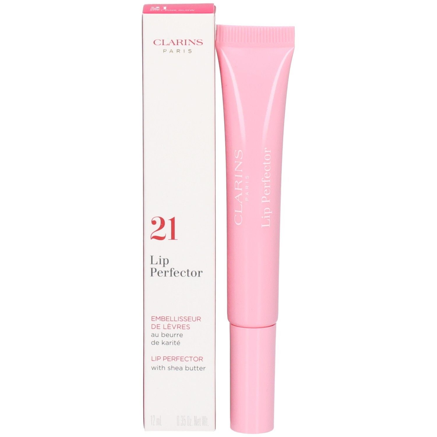 Clarins Lip Perfector 21 Soft Pink Glow con confezione. Tubetto rosa e scatola bianca con informazioni.