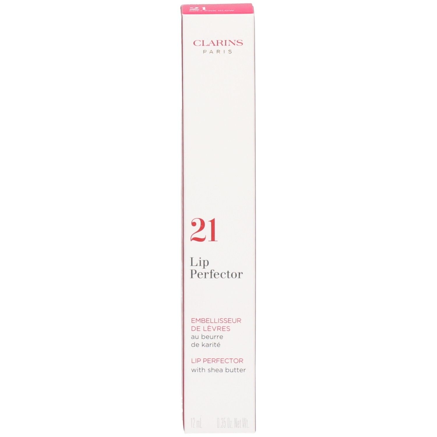 Confezione Clarins Lip Perfector 21 Soft Pink Glow. Scatola bianca con accenti rosa e nome prodotto.