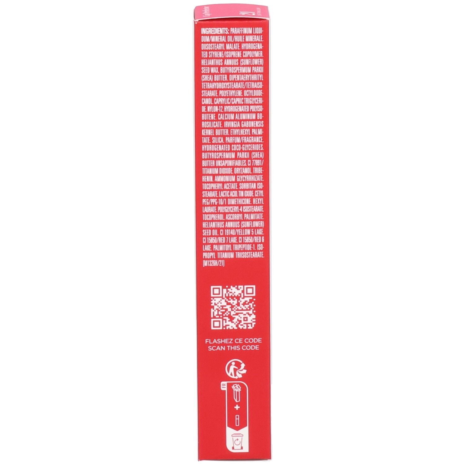 Retro della confezione Clarins Lip Perfector 21 Soft Pink Glow con ingredienti e codice QR.
