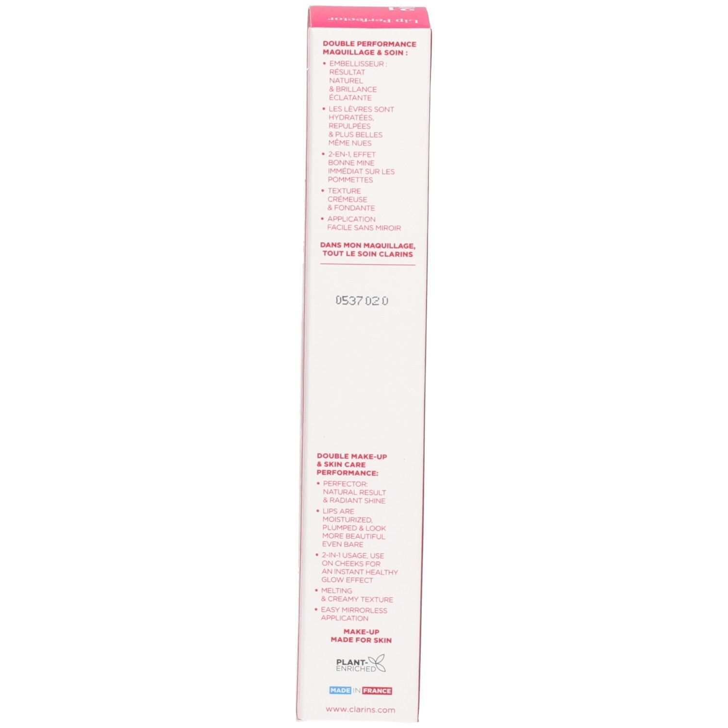 Lato della confezione Clarins Lip Perfector 21 Soft Pink Glow con benefici prodotto in inglese e francese.