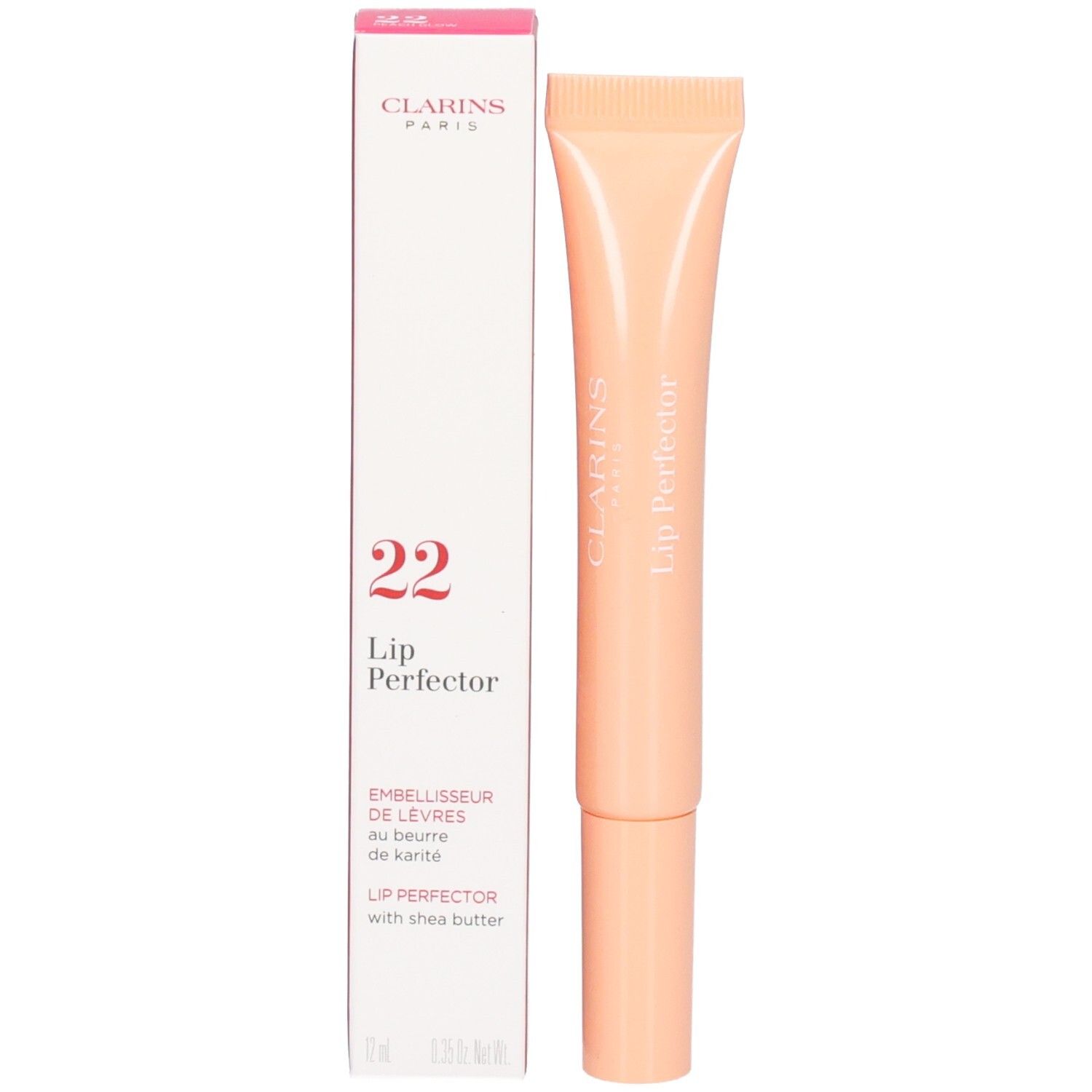 Clarins Lip Perfector (n. 22) con confezione esterna, contiene burro di karité.