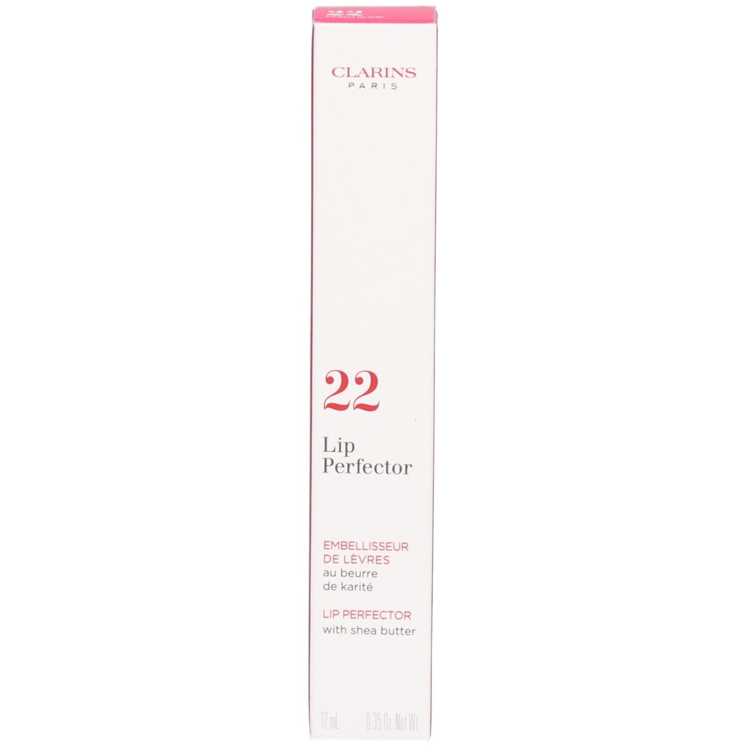 Confezione esterna Clarins Lip Perfector con informazioni sul prodotto e codice QR.