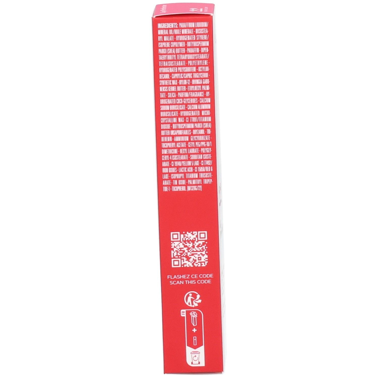 Confezione esterna Clarins Lip Perfector, lato con istruzioni per l'uso e ingredienti.