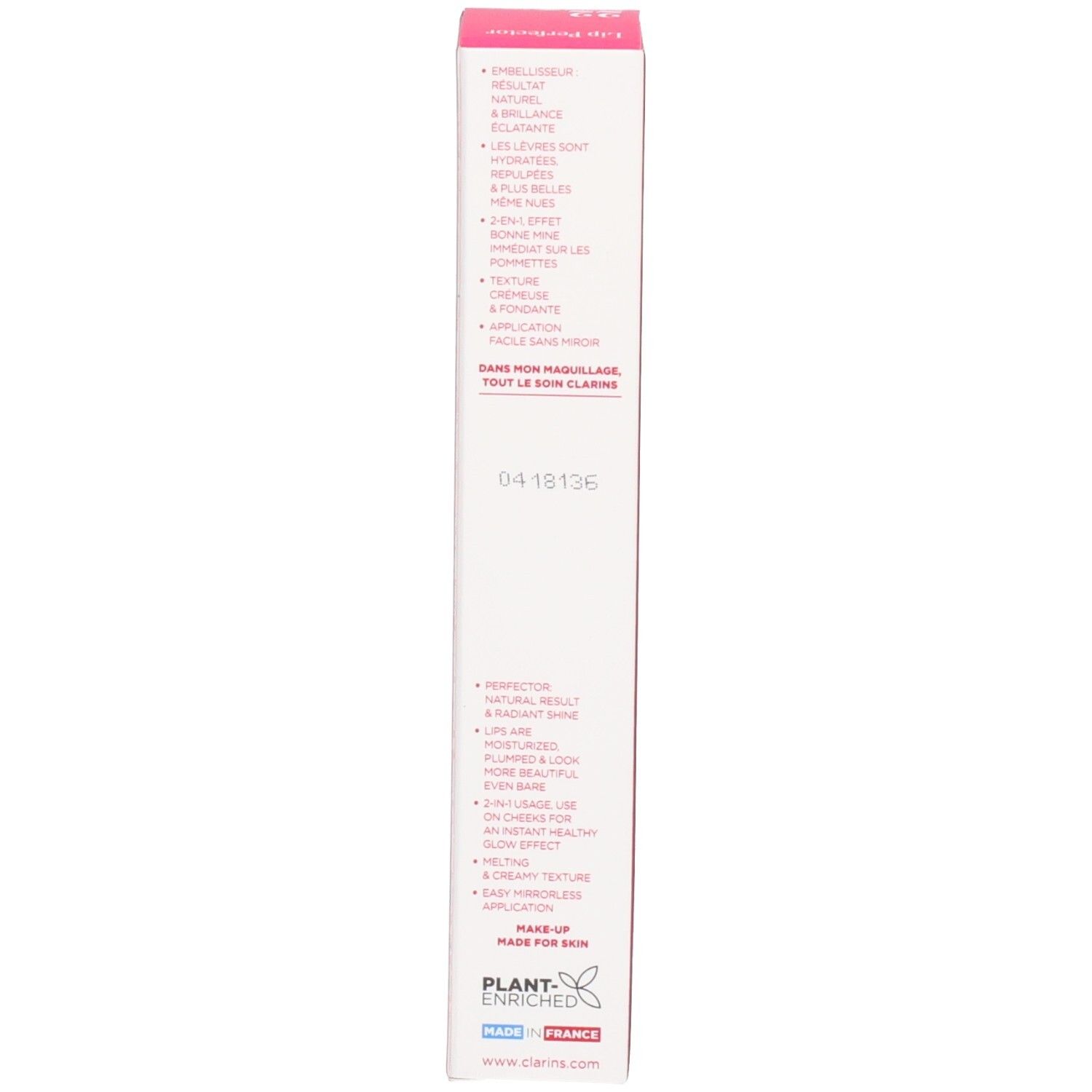 Confezione esterna Clarins Lip Perfector, lato con benefici prodotto e 'Plant-Enriched'.