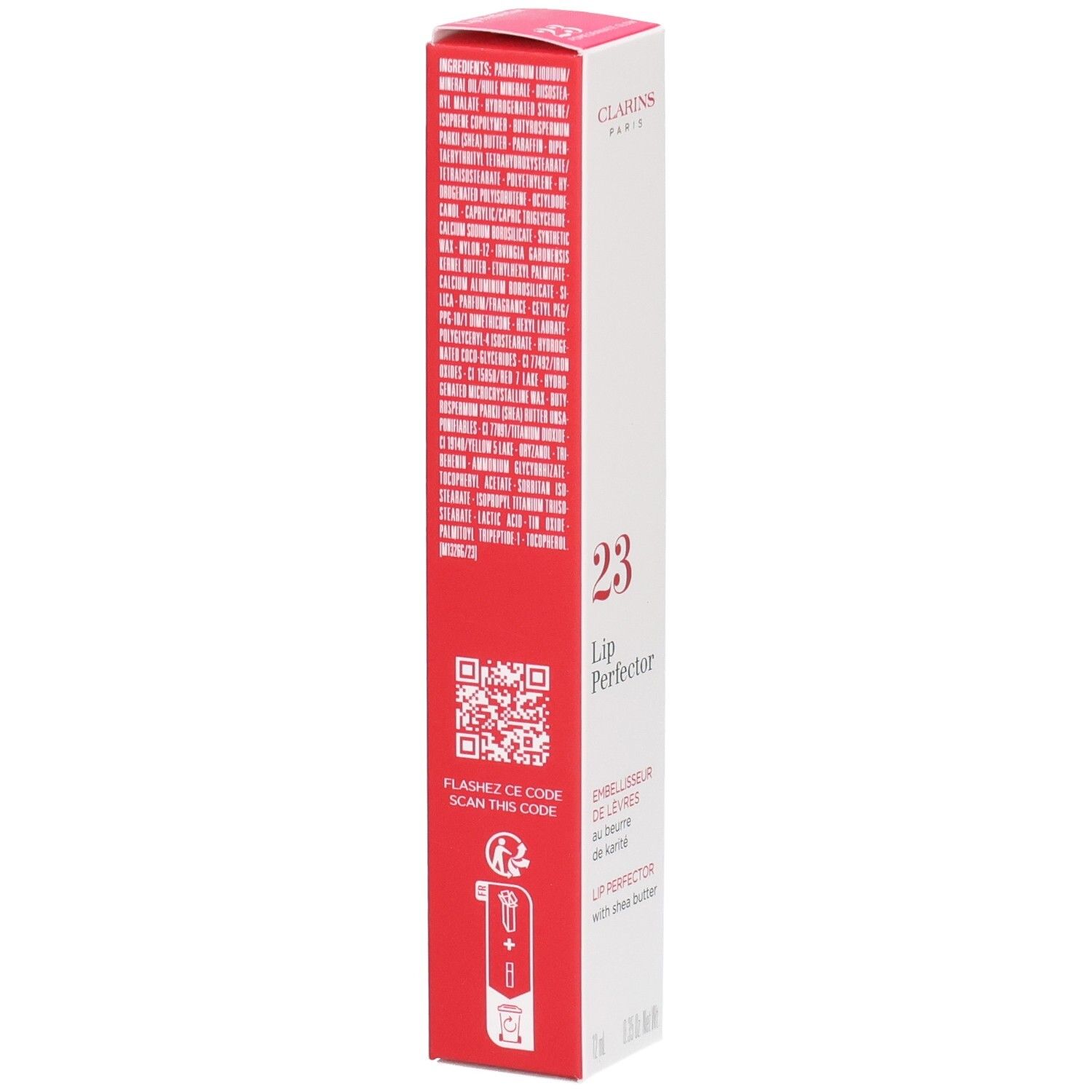 Clarins Lip Perfector 23 confezione esterna con ingredienti, QR code e istruzioni per l'uso.