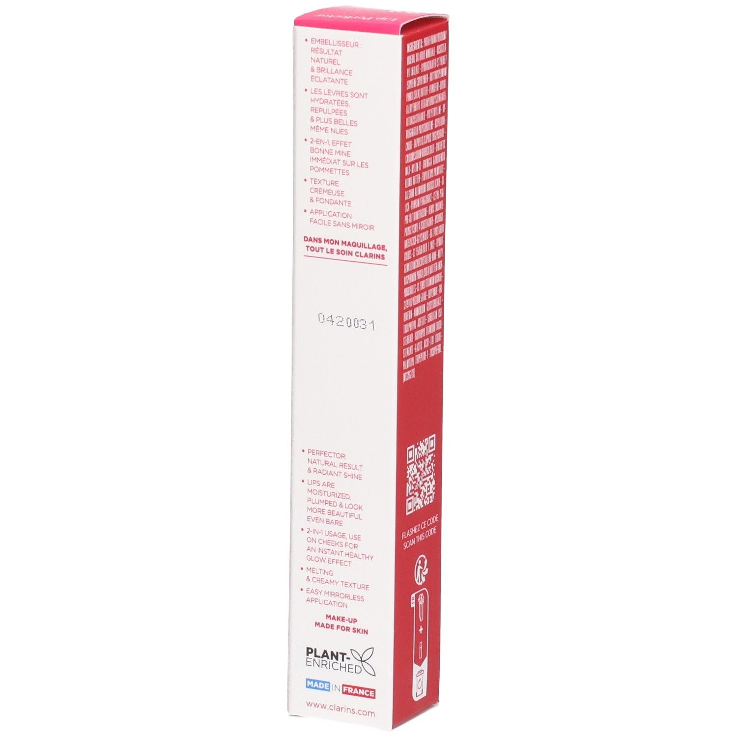 Clarins Lip Perfector 23 confezione esterna con benefici del prodotto e indicazione di origine.