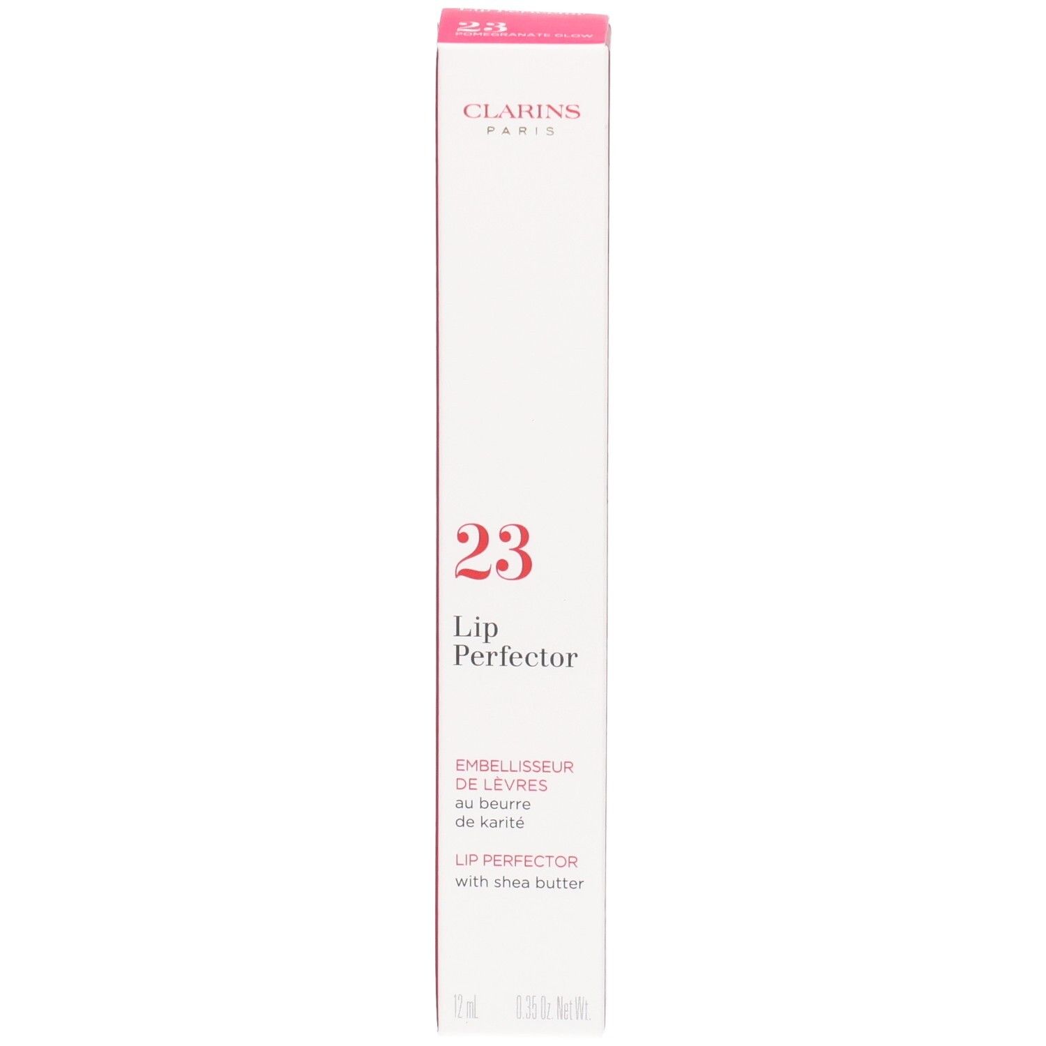 Clarins Lip Perfector 23 confezione esterna con informazioni sul prodotto, numero 23 e marchio.