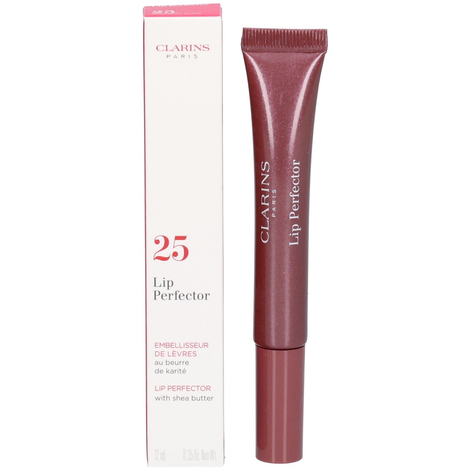 Clarins Lip Perfector, tonalità 25, con scatola.