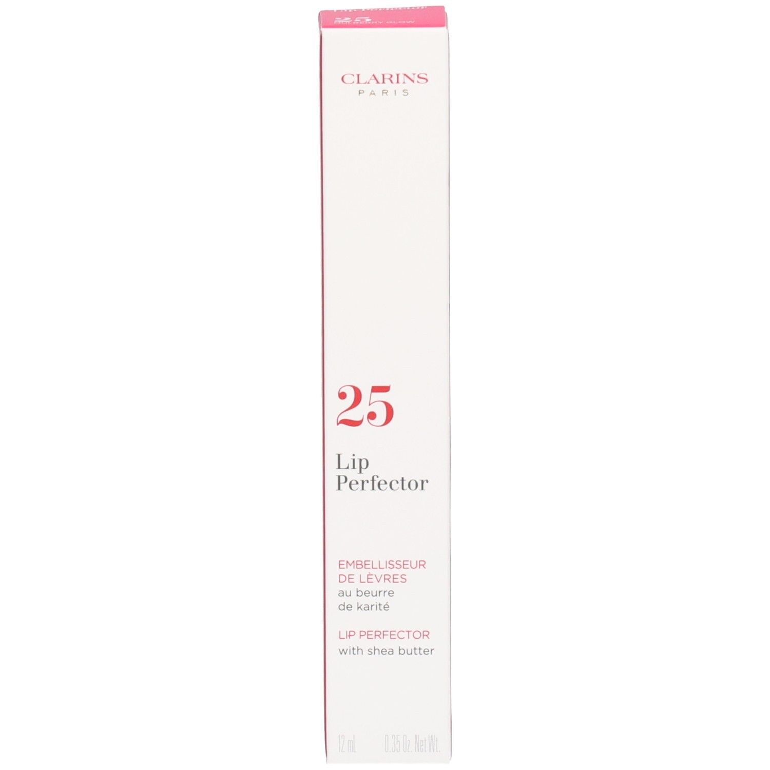 Clarins Lip Perfector, tonalità 25, scatola.