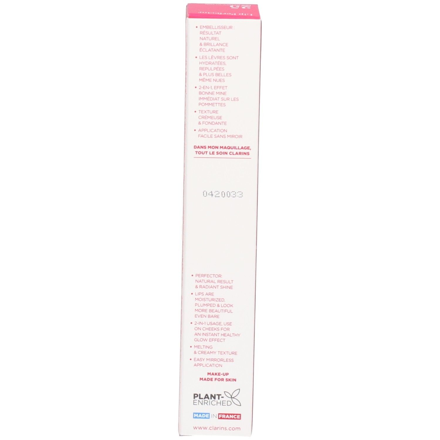 Clarins Lip Perfector, scatola, lato con informazioni prodotto.