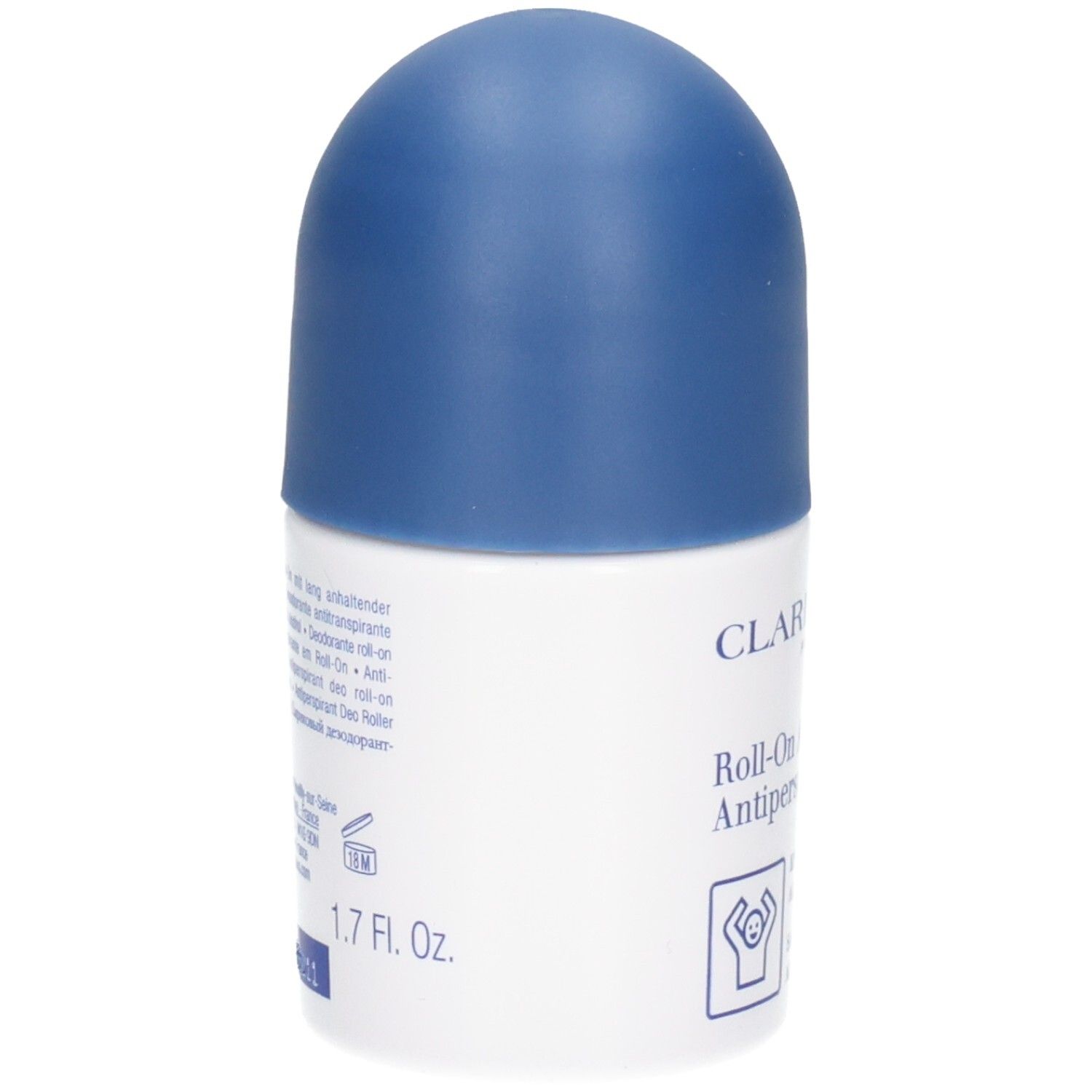 Clarins Roll-On Antitraspirante, 50ml. Contenitore bianco con tappo blu.