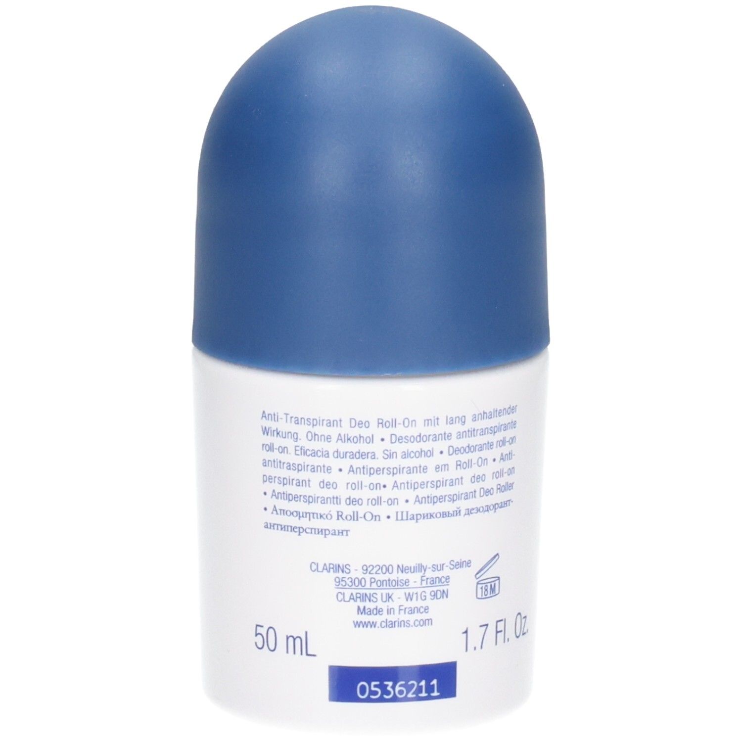 Deodorante roll-on bianco con tappo blu. 50 ml.