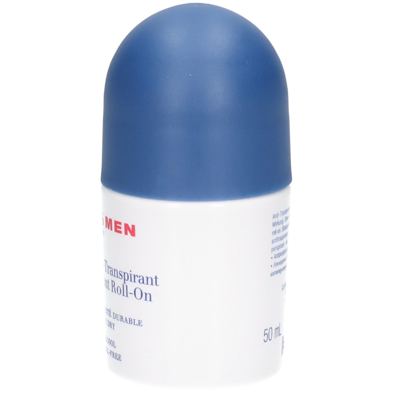 Flacone deodorante roll-on bianco da uomo con tappo blu. 50 ml.