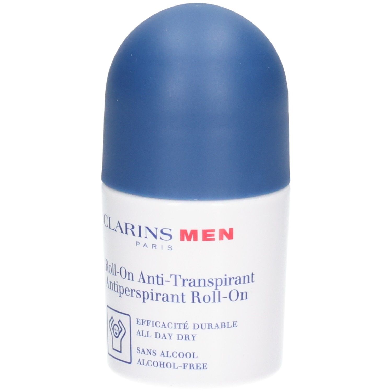 Clarins Men Roll-On Anti-Traspirante, flacone bianco con tappo blu. Senza alcol.