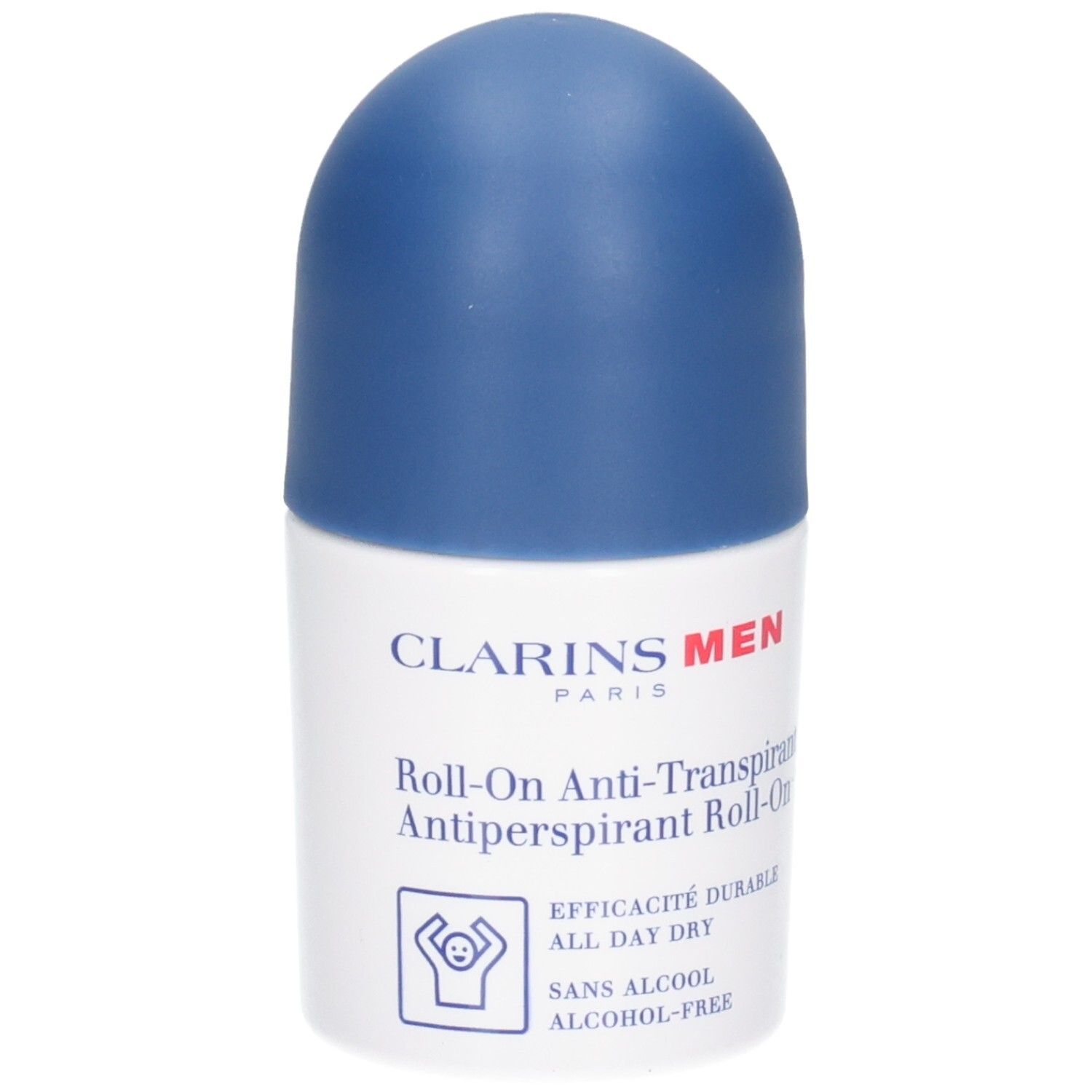 Clarins Men Roll-On Antitraspirante con tappo blu. Senza alcool e parabeni.