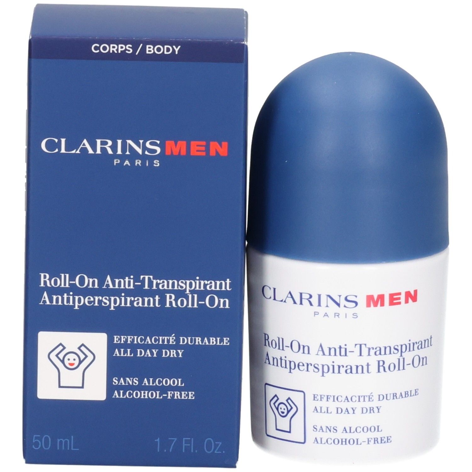 Clarins Men Roll-On Antitraspirante, 50 ml, nella confezione blu.