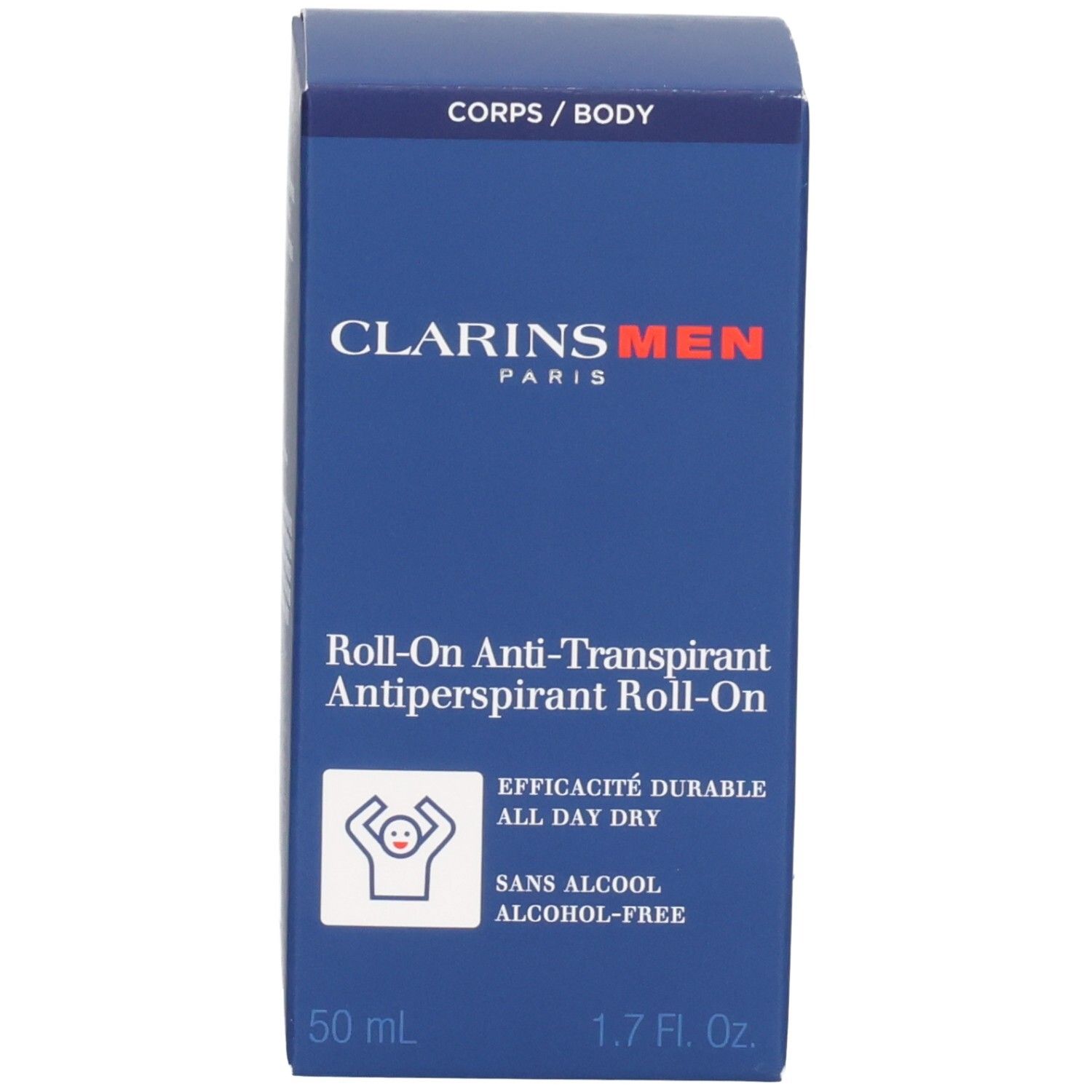 Clarins Men Roll-On Antitraspirante, 50 ml. Scatola blu con scritte bianche e rosse.
