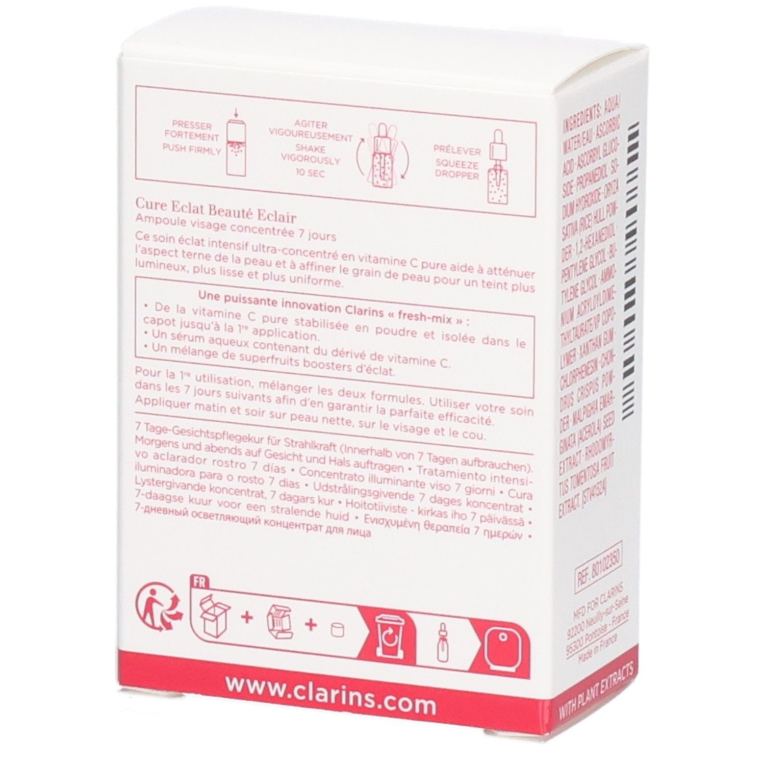 Retro confezione Clarins Ampoule con istruzioni per l'uso e sito web.