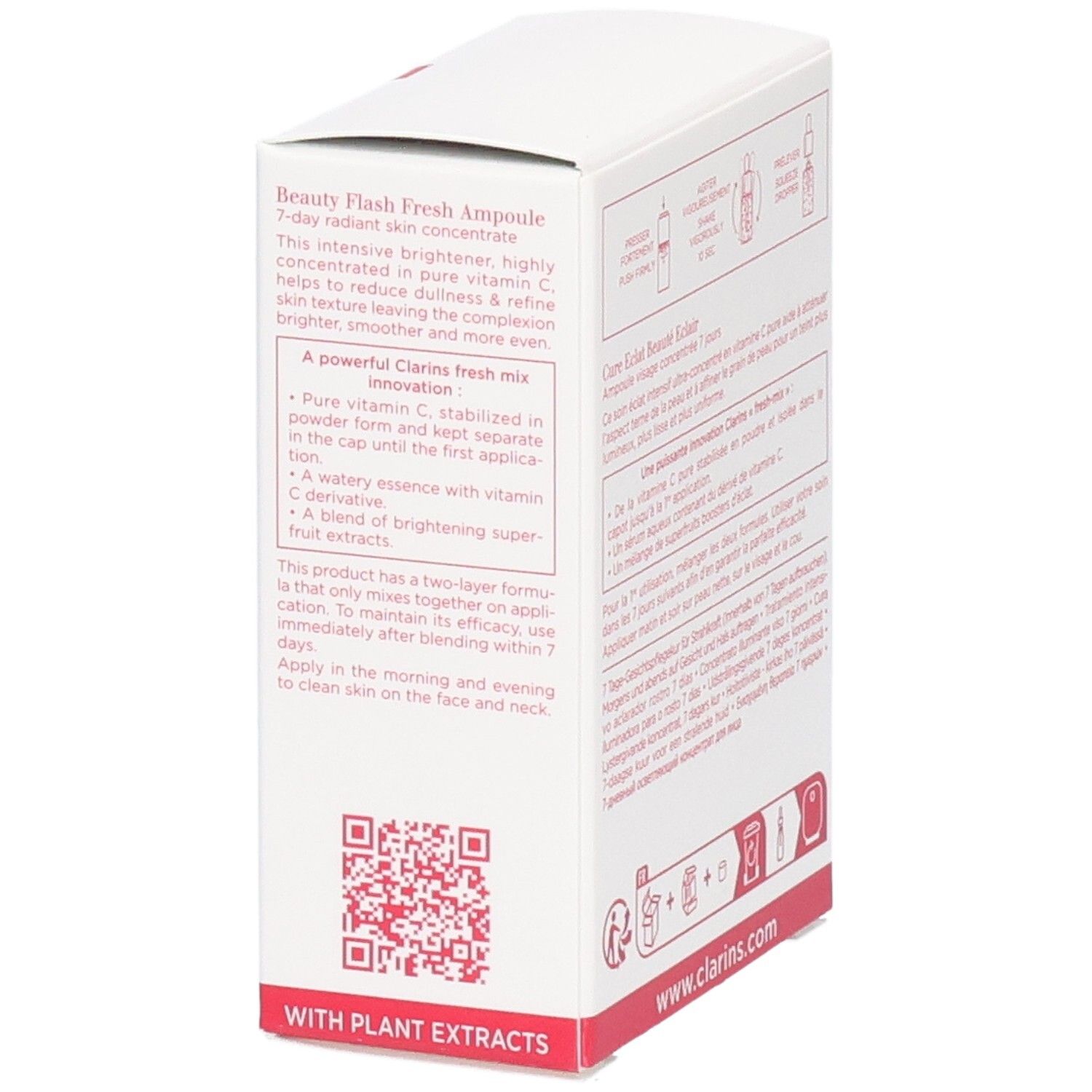 Fronte confezione Clarins Beauty Flash Fresh Ampoule con descrizione del prodotto.