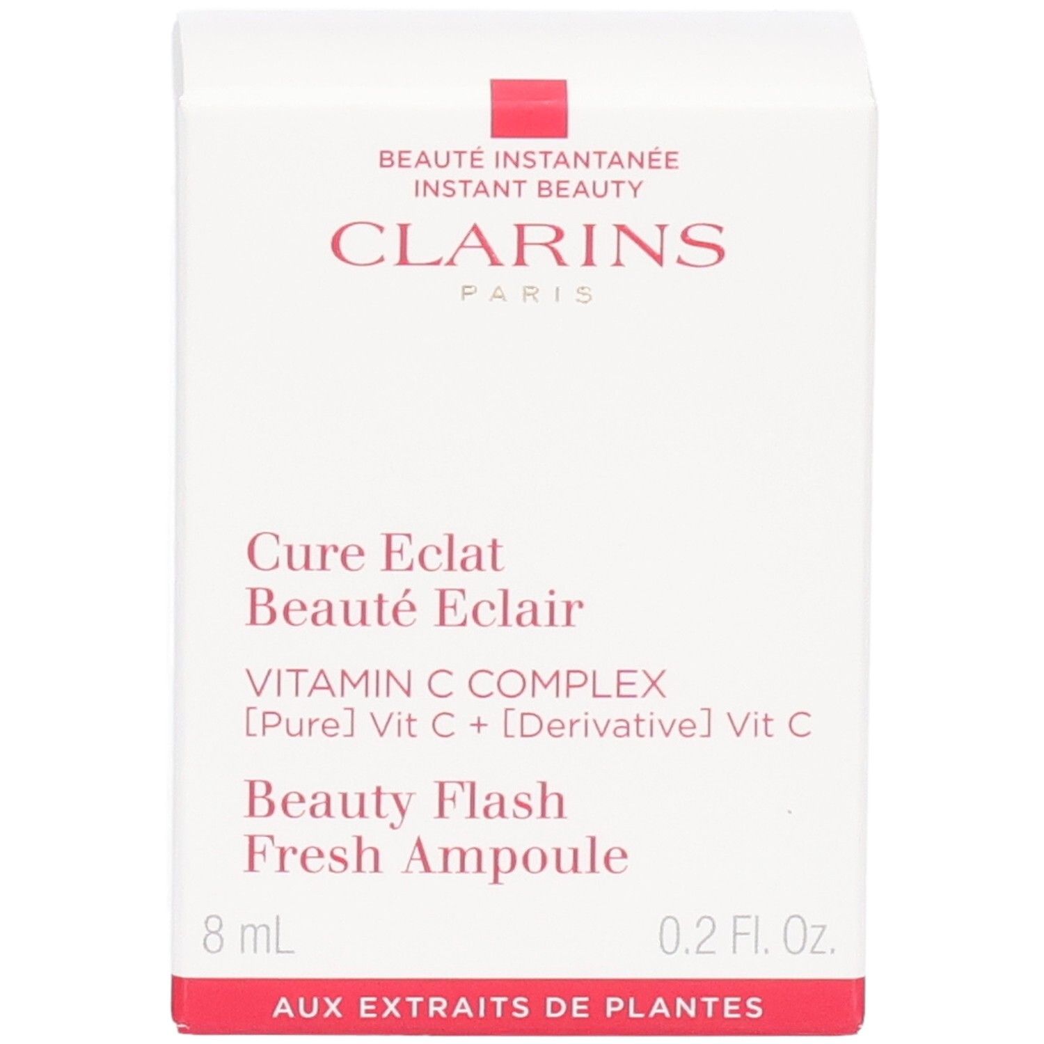 Fronte confezione Clarins Beauty Flash Fresh Ampoule con informazioni sul prodotto.