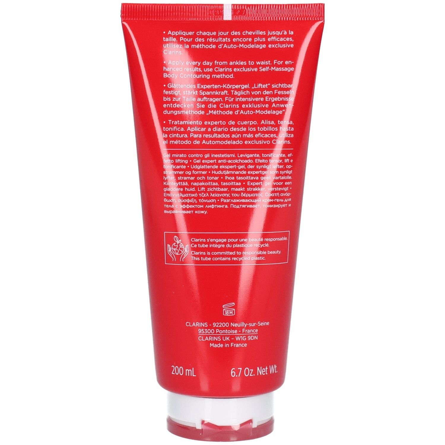 Retro del tubo Clarins Body Fit Active con informazioni sul prodotto e indicazione 200 ml.