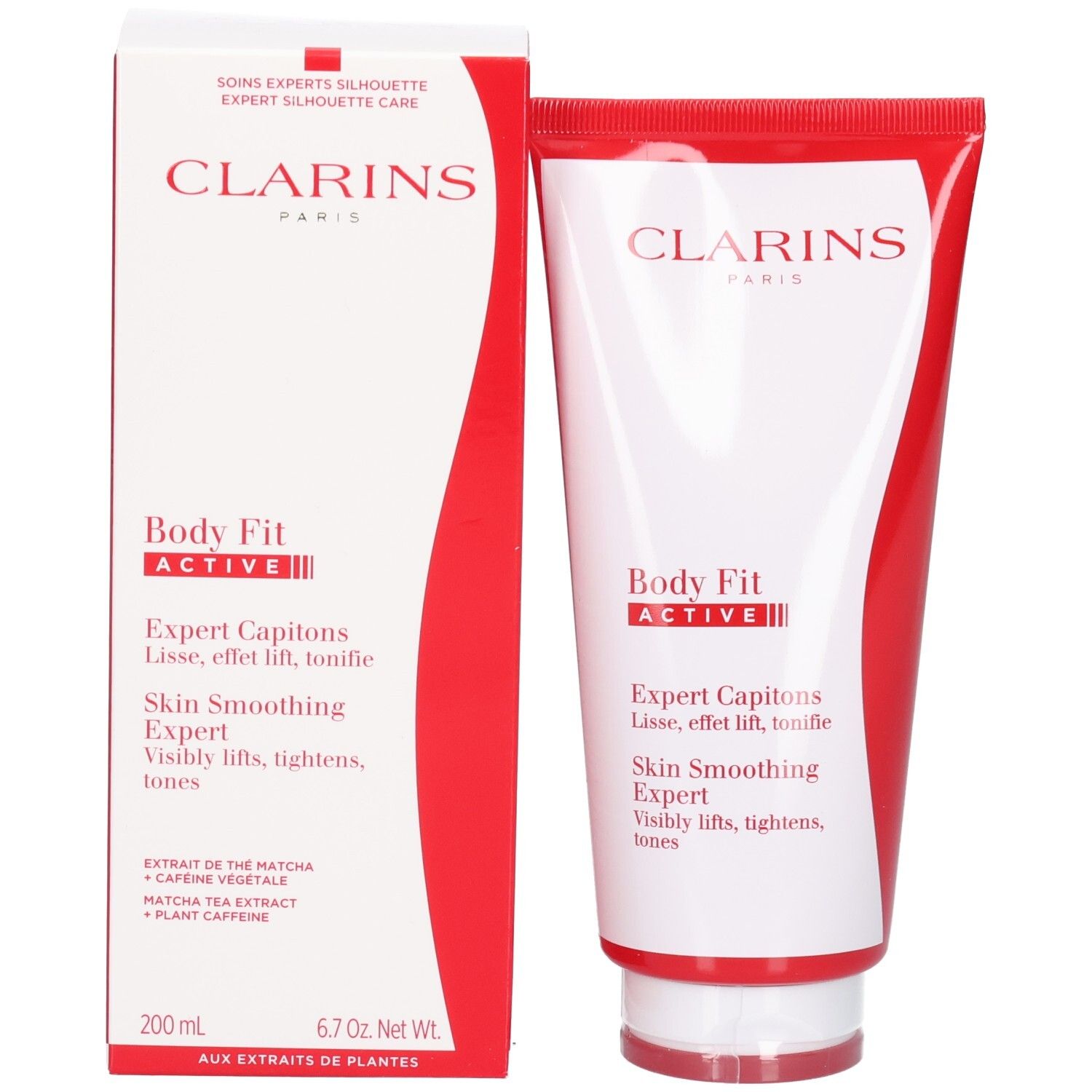 Tubo e scatola di imballaggio Clarins Body Fit Active, bianchi con accenti rossi.