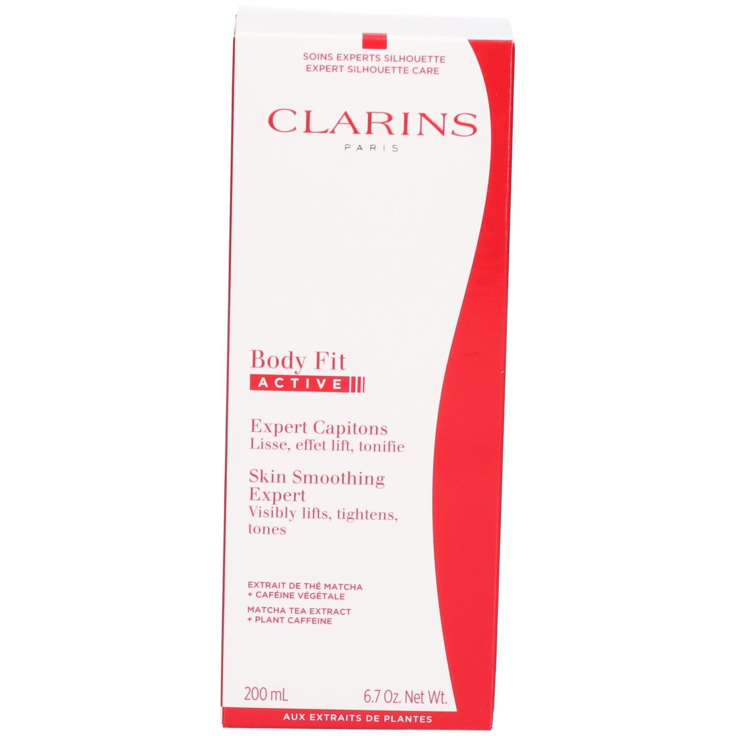 Scatola di imballaggio Clarins Body Fit Active, bianca con elementi di design rossi.