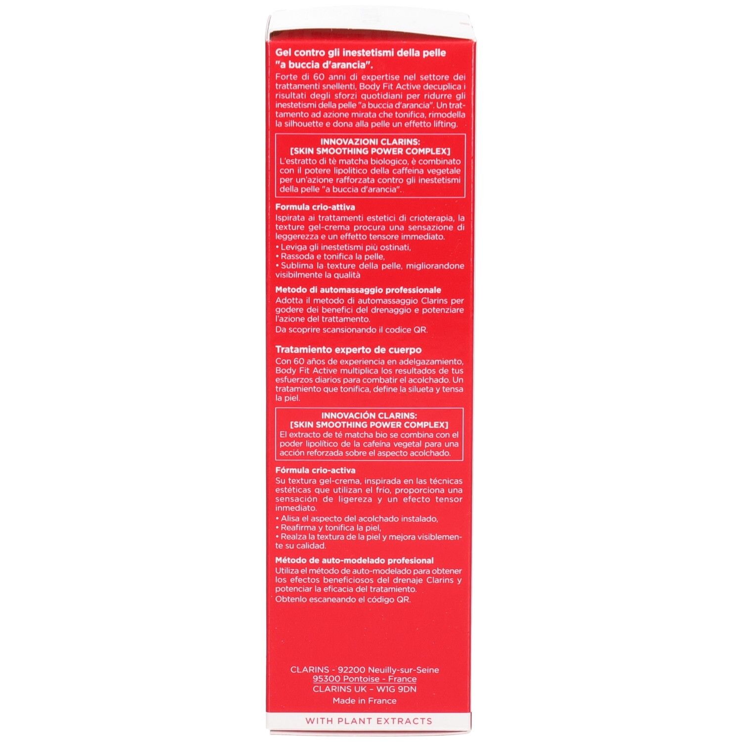Lato della confezione Clarins Body Fit Active con testi in italiano e francese.