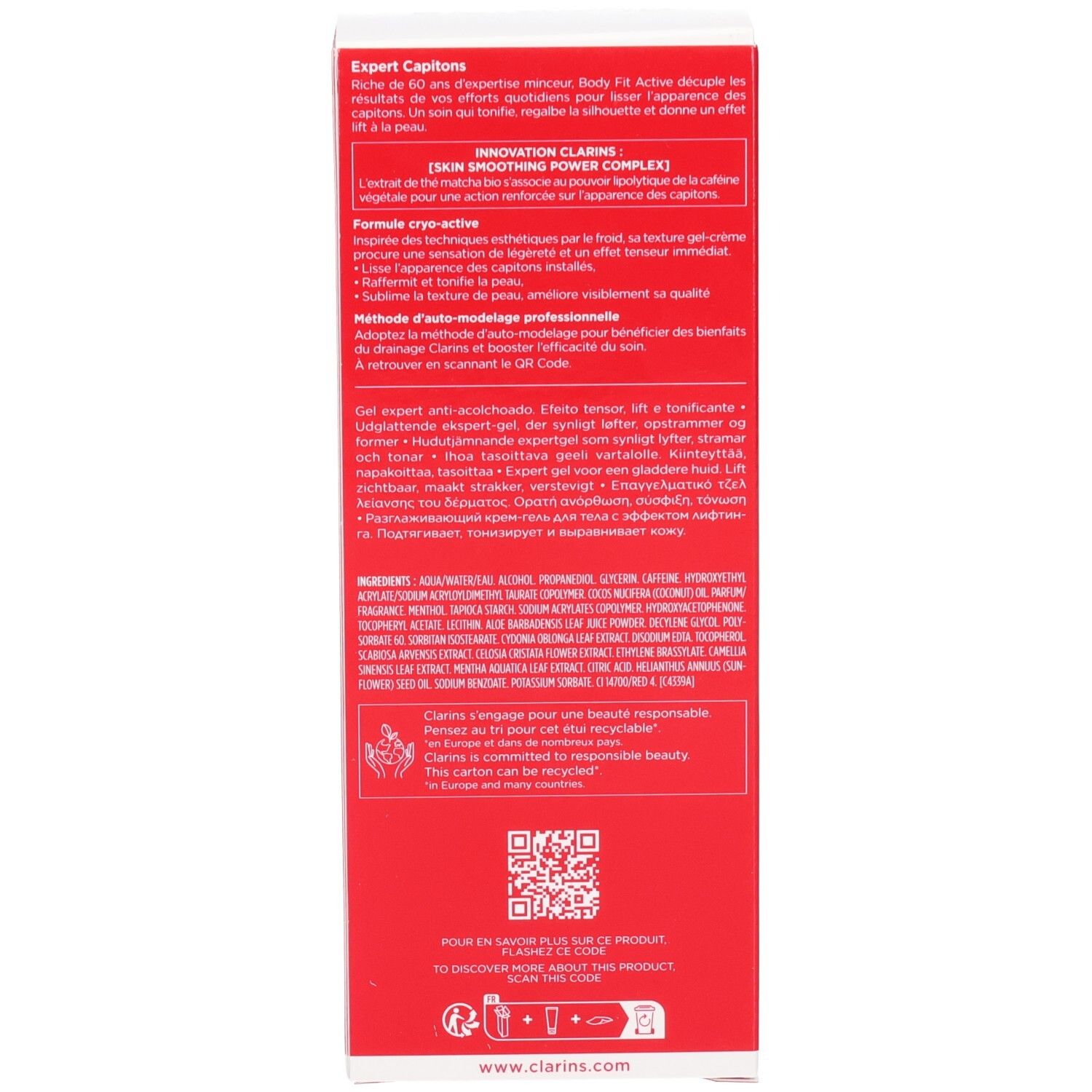 Lato della confezione Clarins Body Fit Active con testi in tedesco e inglese.