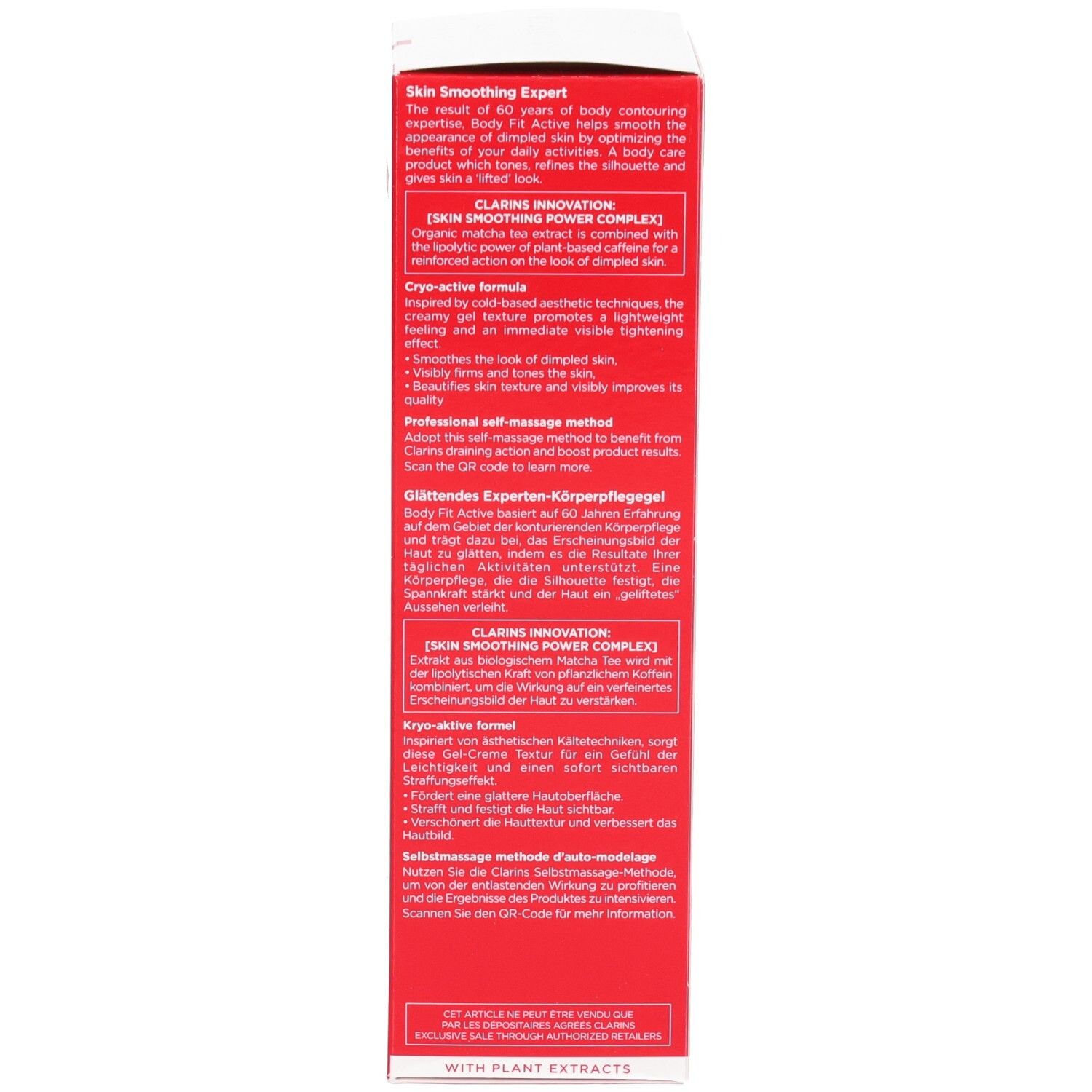 Lato della confezione Clarins Body Fit Active con testi in inglese e tedesco.