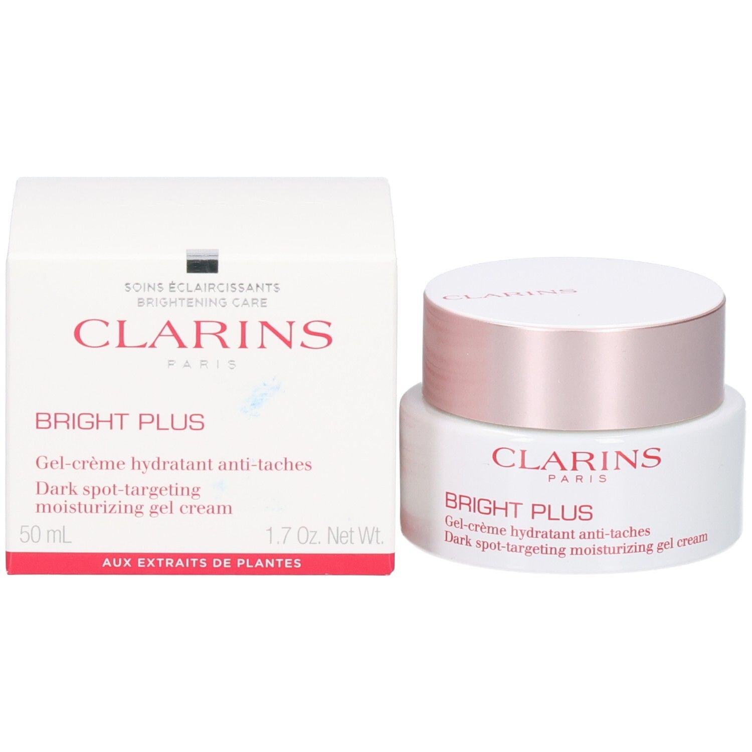 Clarins Bright Plus Gel-crema idratante anti-macchie, con scatola.