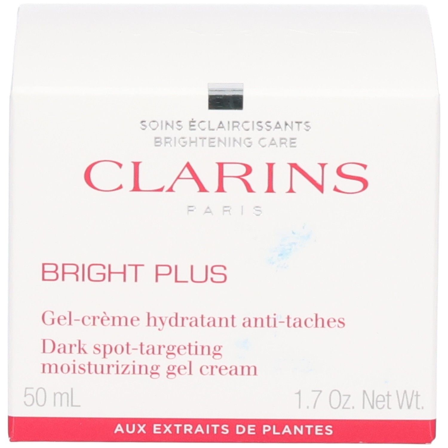 Clarins Bright Plus Gel-crema idratante anti-macchie, con scatola.