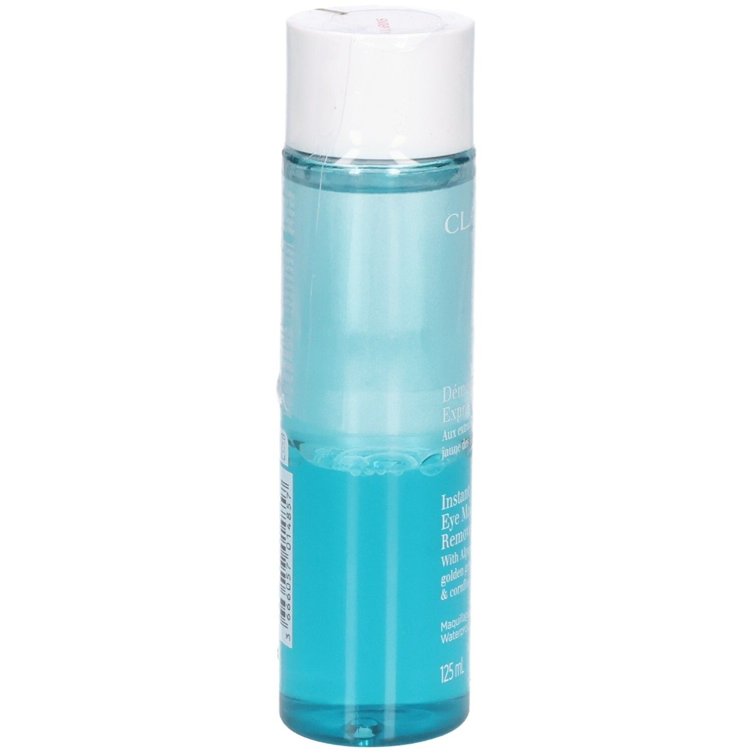 Clarins Instant Eye Make-Up Remover, retro del flacone da 125 ml con liquido blu.