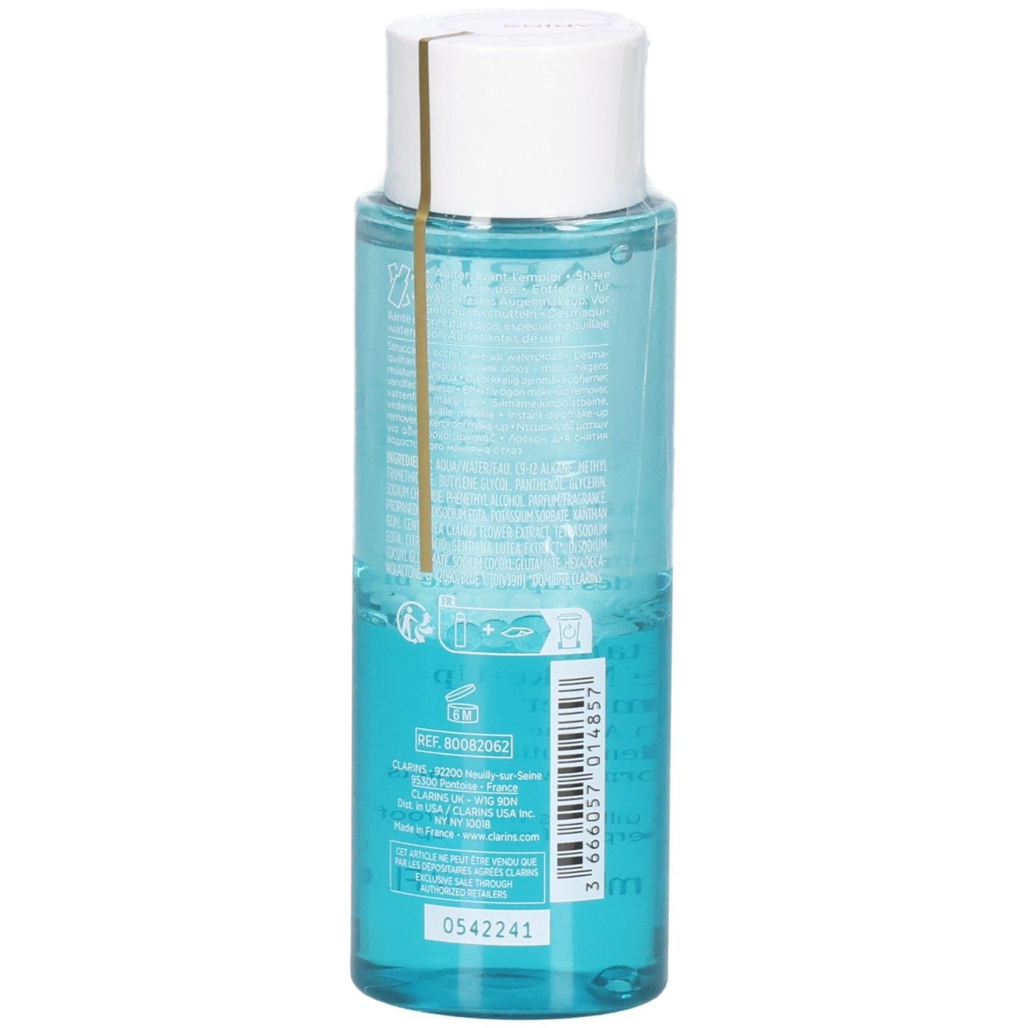 Clarins Instant Eye Make-Up Remover, retro del flacone da 125 ml con liquido blu ed etichette.