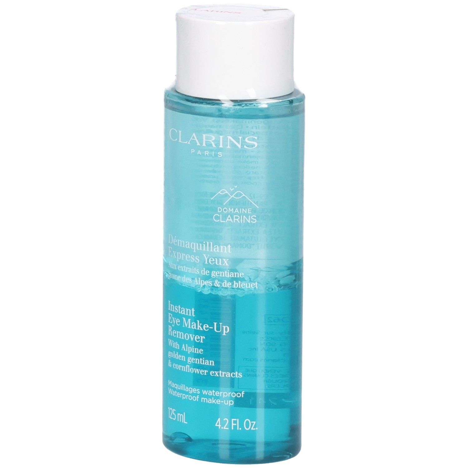 Clarins Instant Eye Make-Up Remover, flacone da 125 ml con liquido blu ed etichette.