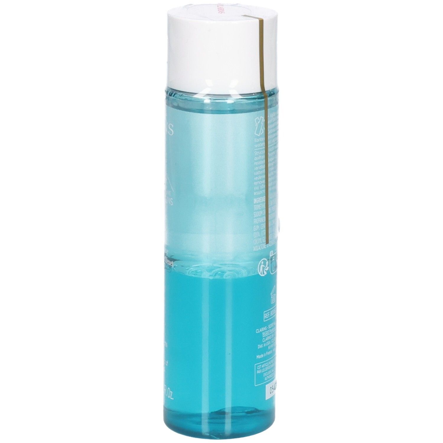 Clarins Instant Eye Make-Up Remover, flacone da 125 ml con liquido blu, di lato.